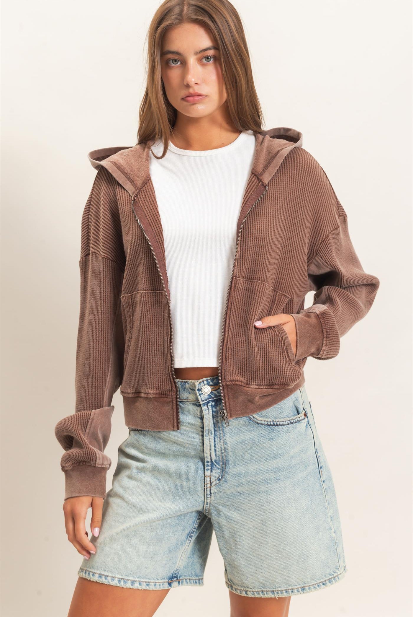 Wholesale Acid Wash Waffle Knit Zip-Up Hoodie Hoodies DZ26E401 DARK BROWN DOUBLE ZERO