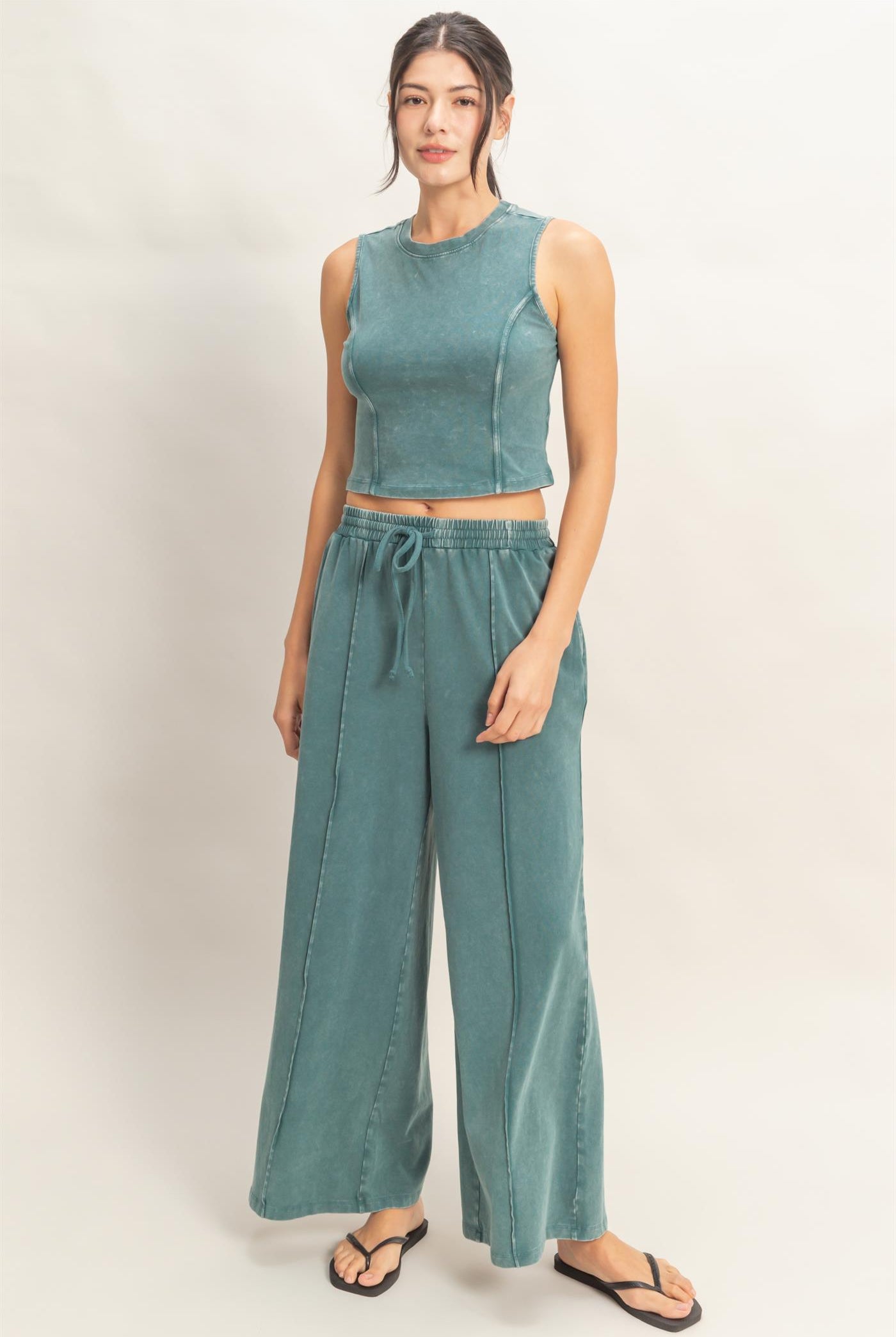 Wholesale Mineral Washed Sleeveless Top & Wide Leg Pants Set Clothing DZ26A371-SET DARK TEAL DOUBLE ZERO