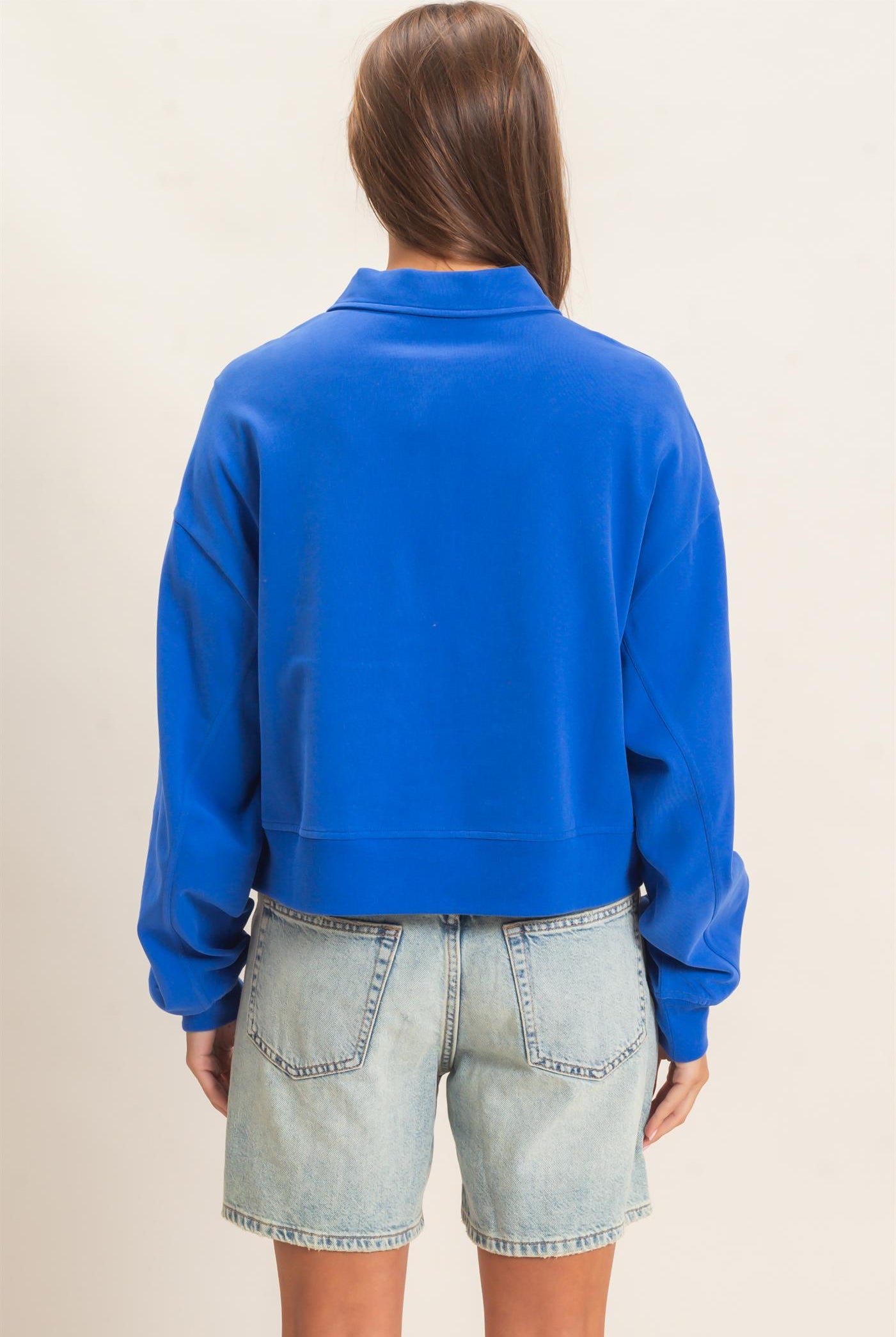Wholesale Washed Button-Front Collared Sweatshirt Sweatshirts DZ26E390 COBALT DOUBLE ZERO