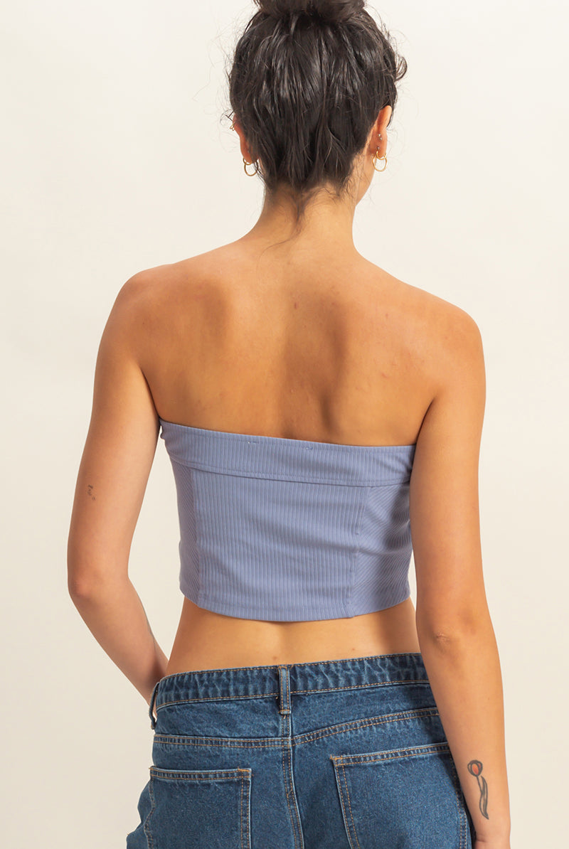 Wholesale Strapless Ribbed Crop Top Clothing Tops DZ23E512 PALE INDIGO DOUBLE ZERO