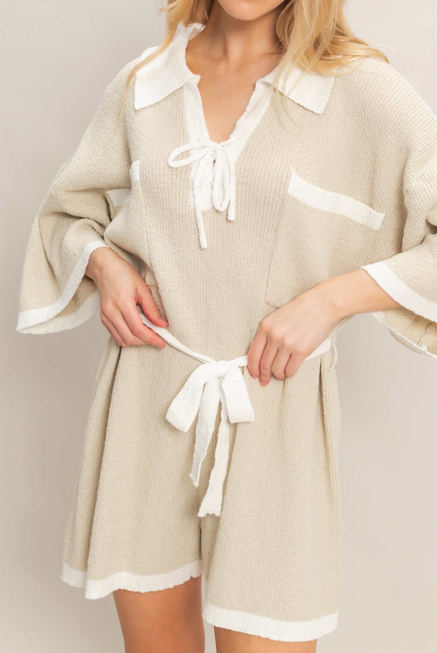 Wholesale Knit Romper With Contrast Tie Clothing HF26A408 SAND HYFVE