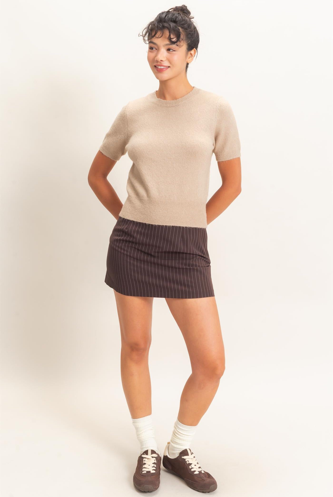 Wholesale Crew Neck Short Sleeve Knit Top Clothing Tops DZ26E944 TAUPE DOUBLE ZERO