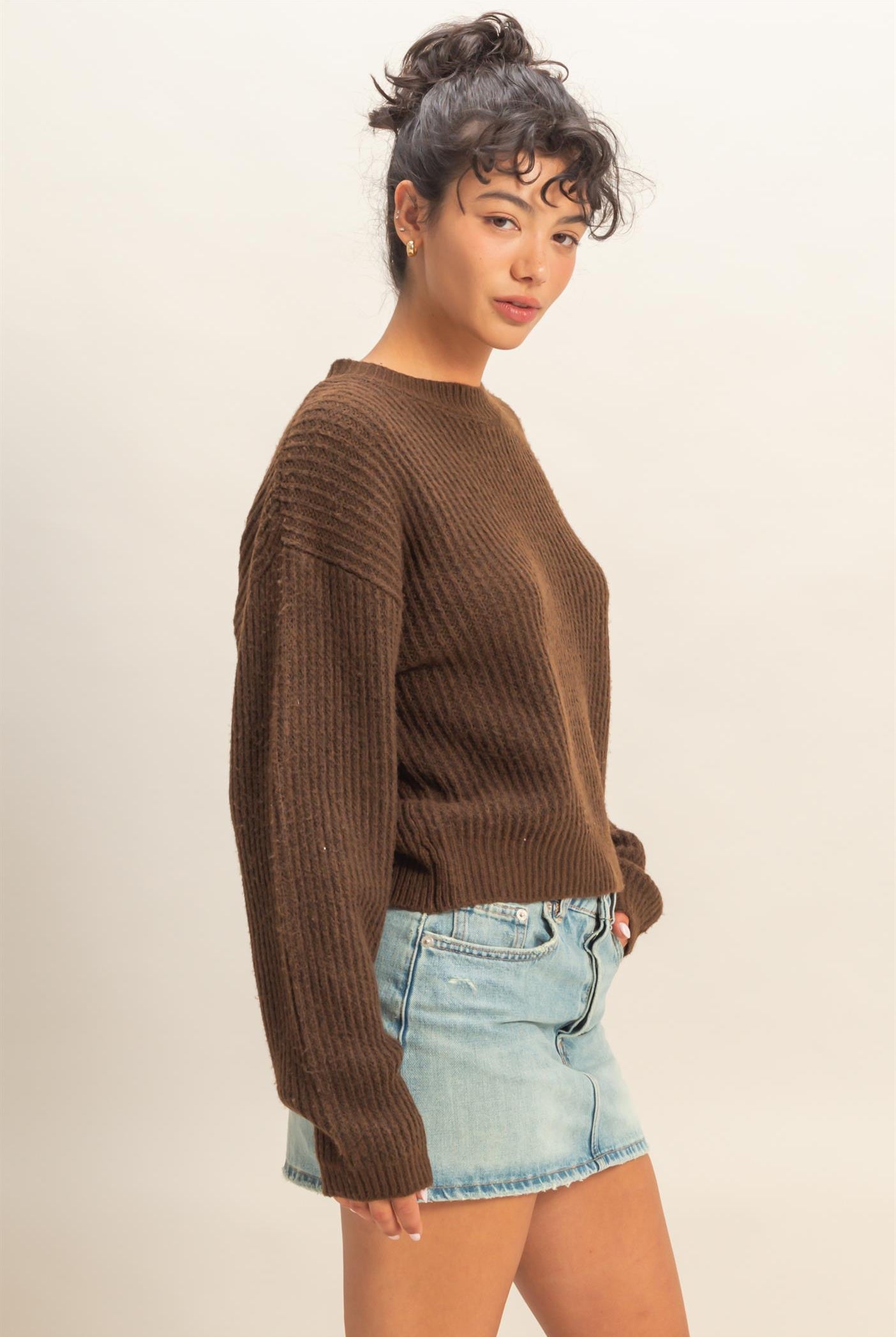 Wholesale Ribbed Crew Neck Sweater Sweaters DZ25F006 CHESTNUT DOUBLE ZERO