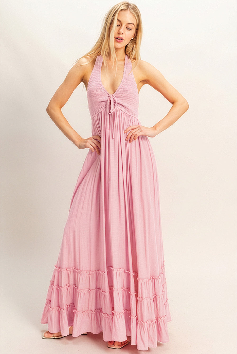 Wholesale Halter Neck Smocked Maxi Dress Dresses HF26C287-D PINK HYFVE