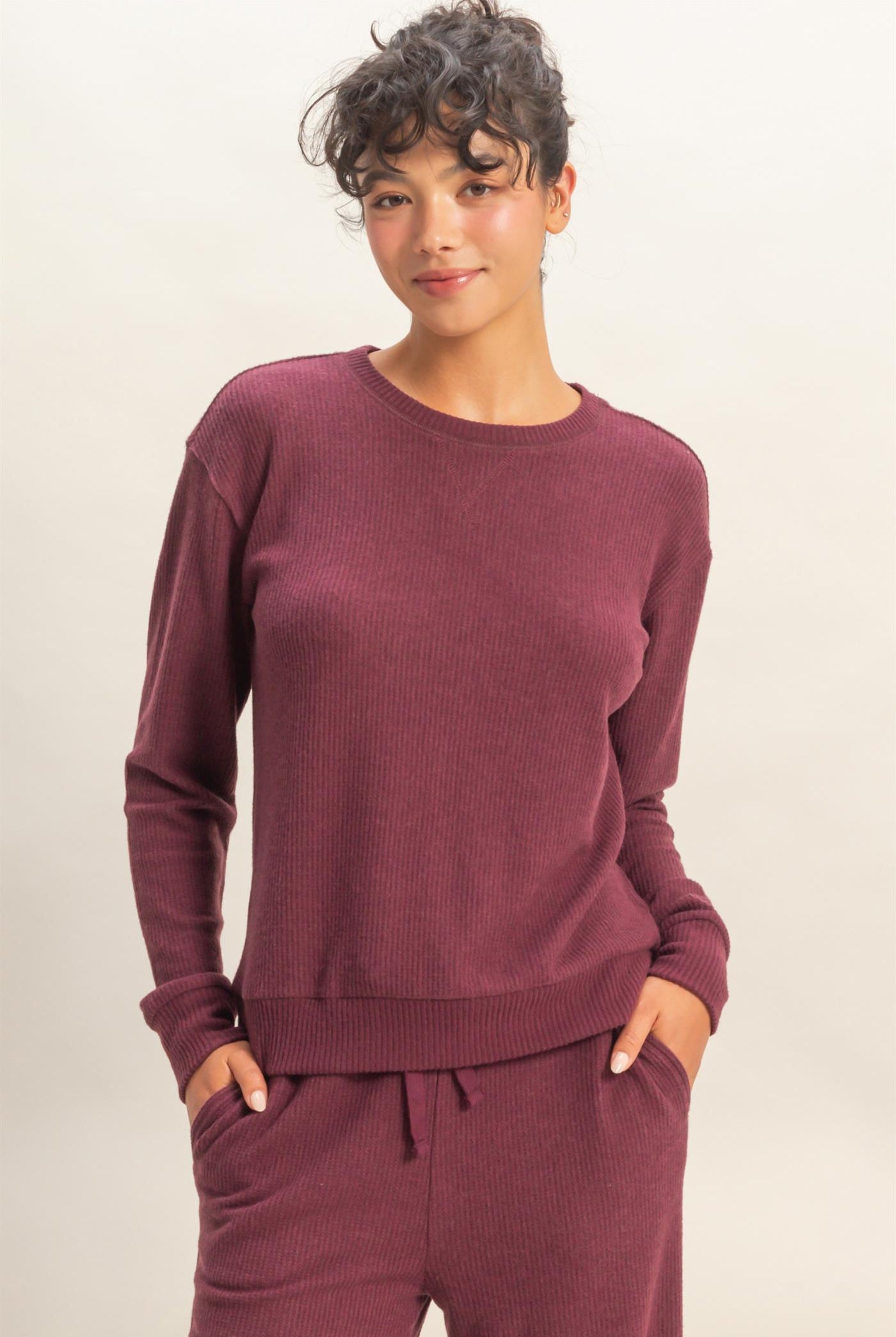 Wholesale Brushed Waffle Crew Neck Long Sleeve Top Clothing Tops DZ26A177 DARK CHERRY DOUBLE ZERO