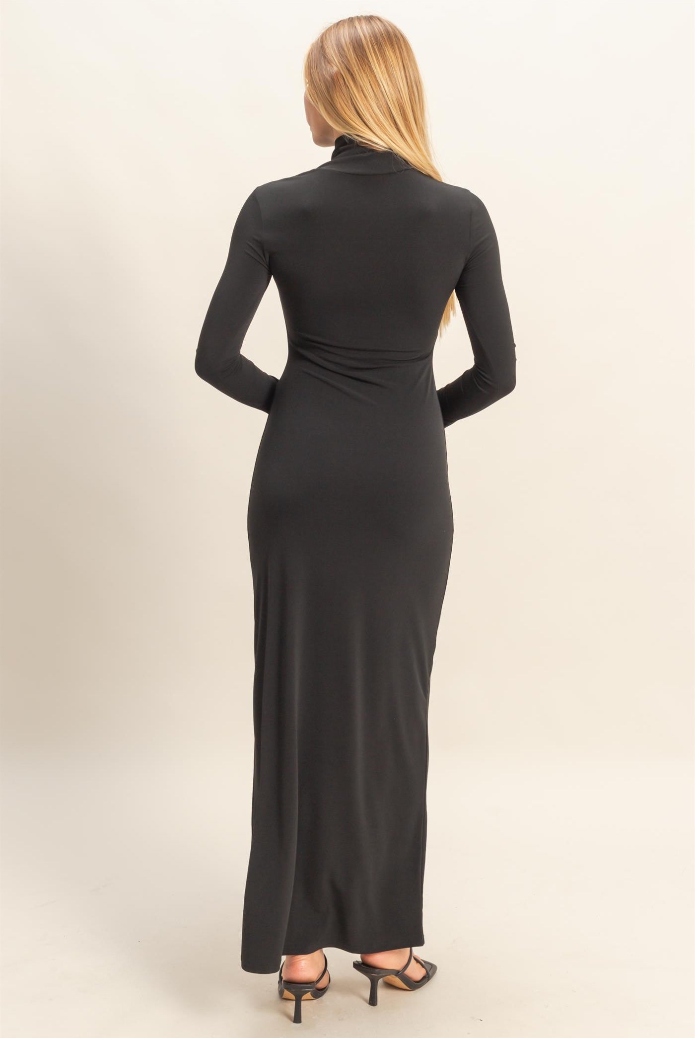 Wholesale Turtleneck Long Sleeve Maxi Dress Dresses DZ25F129 BLACK DOUBLE ZERO