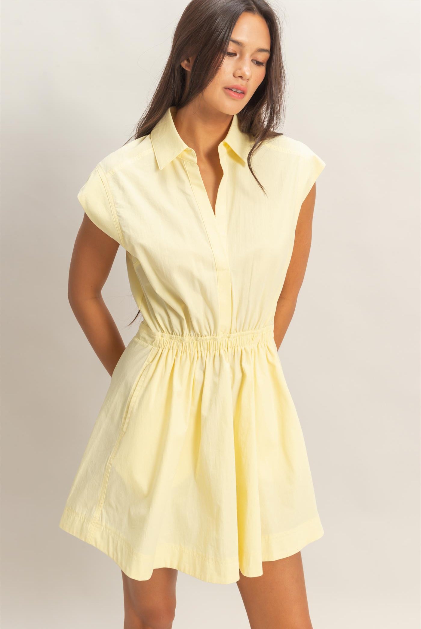 Wholesale Sleeveless Collared Shirred Mini Dress Dresses DZ26A751 PALE YELLOW DOUBLE ZERO