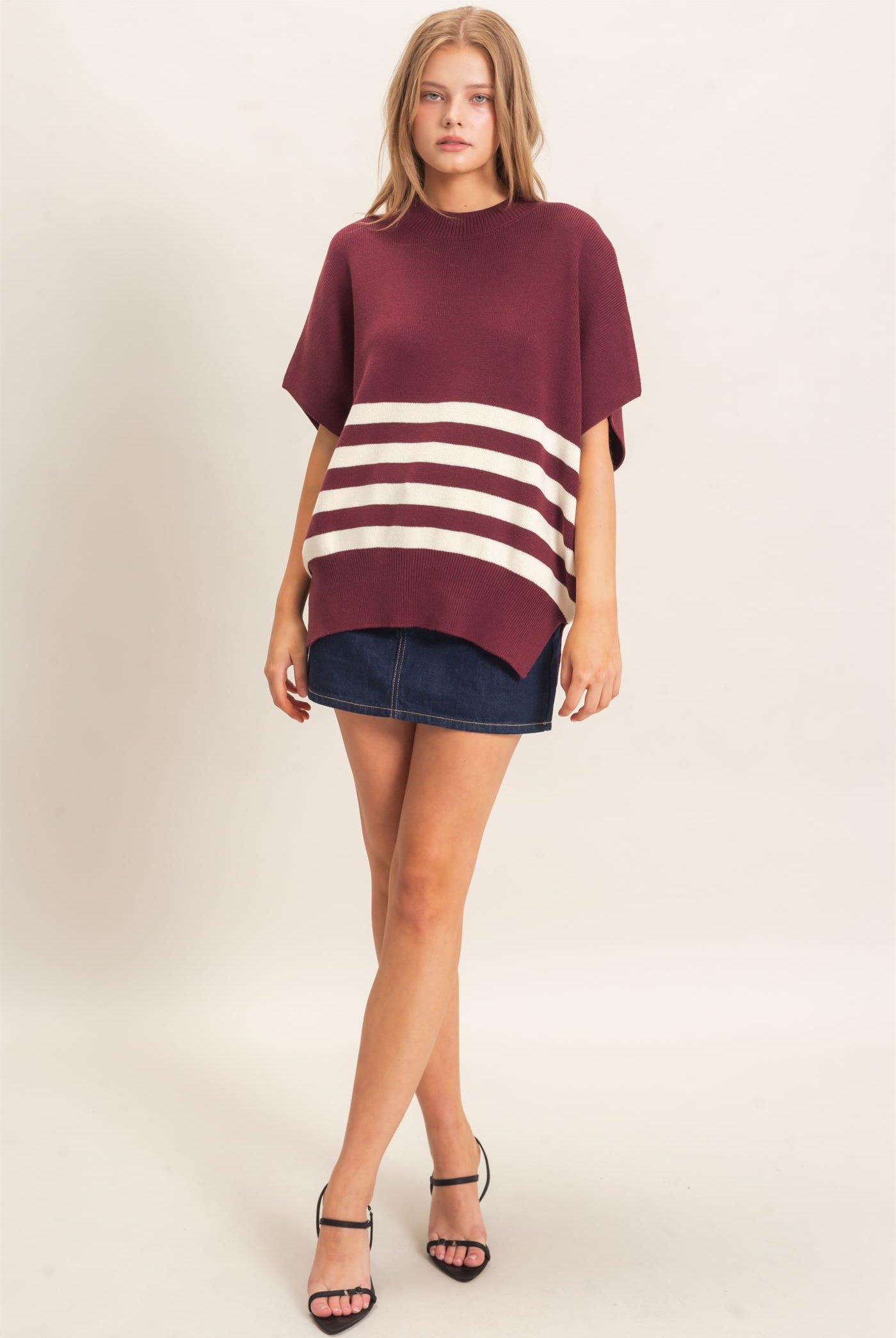 Wholesale Striped Ribbed Crew Neck Sweater Sweaters HF26E350-D WINE HYFVE