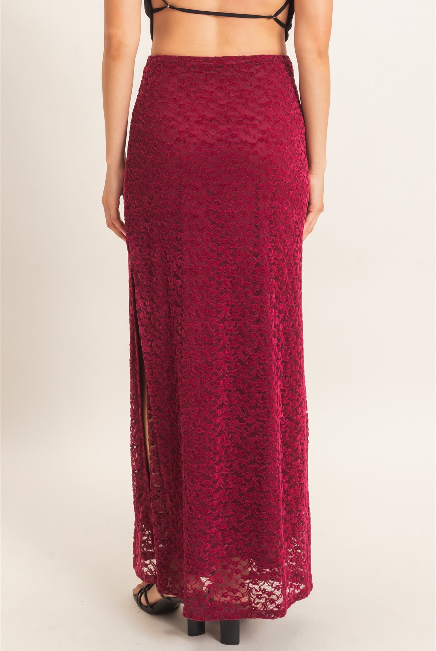 Wholesale Velvet Lace Maxi Skirt Skirts HF26E702 BURGUNDY HYFVE