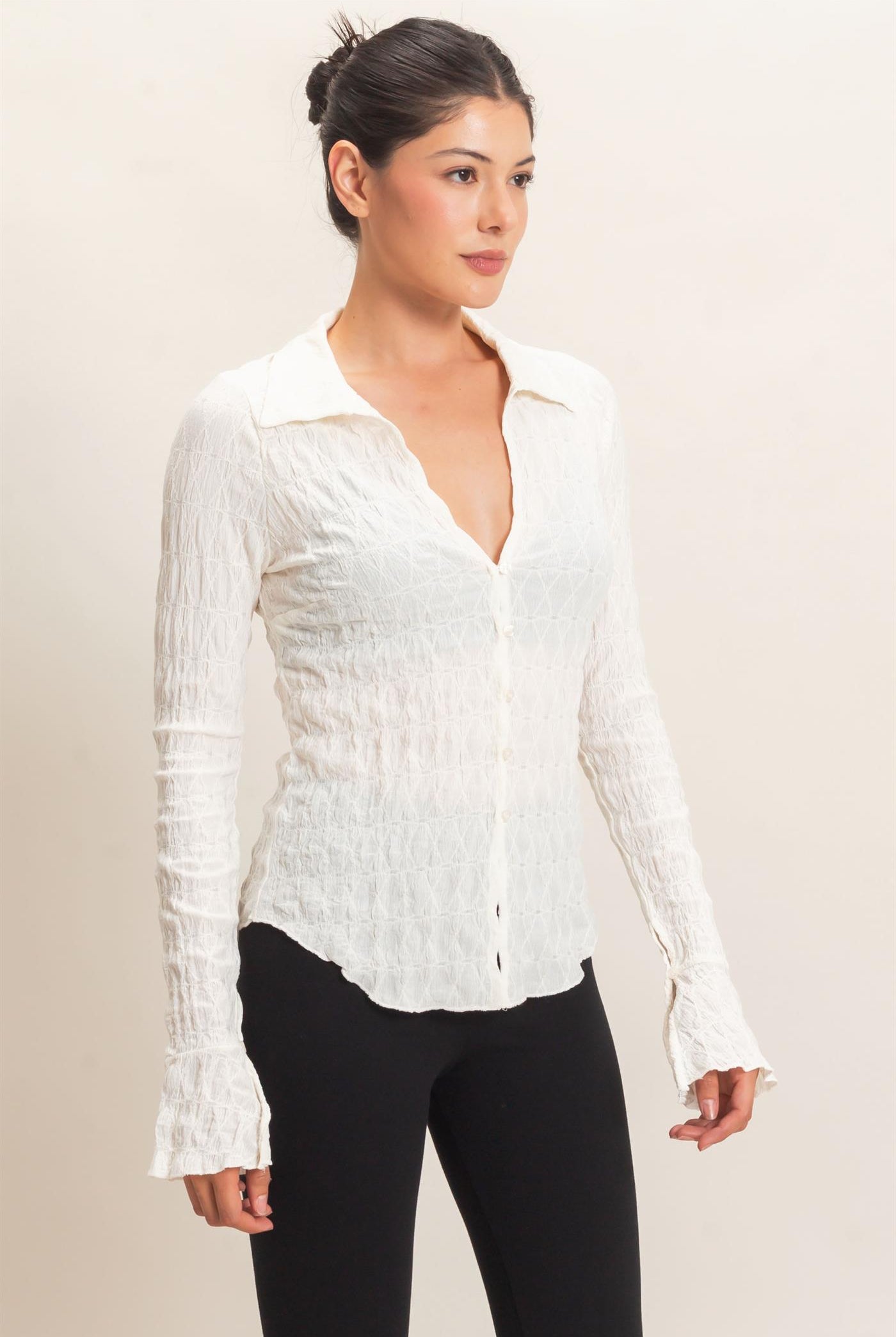 Wholesale Textured Button-Up Collared Top Shirts HF26E062 IVORY HYFVE