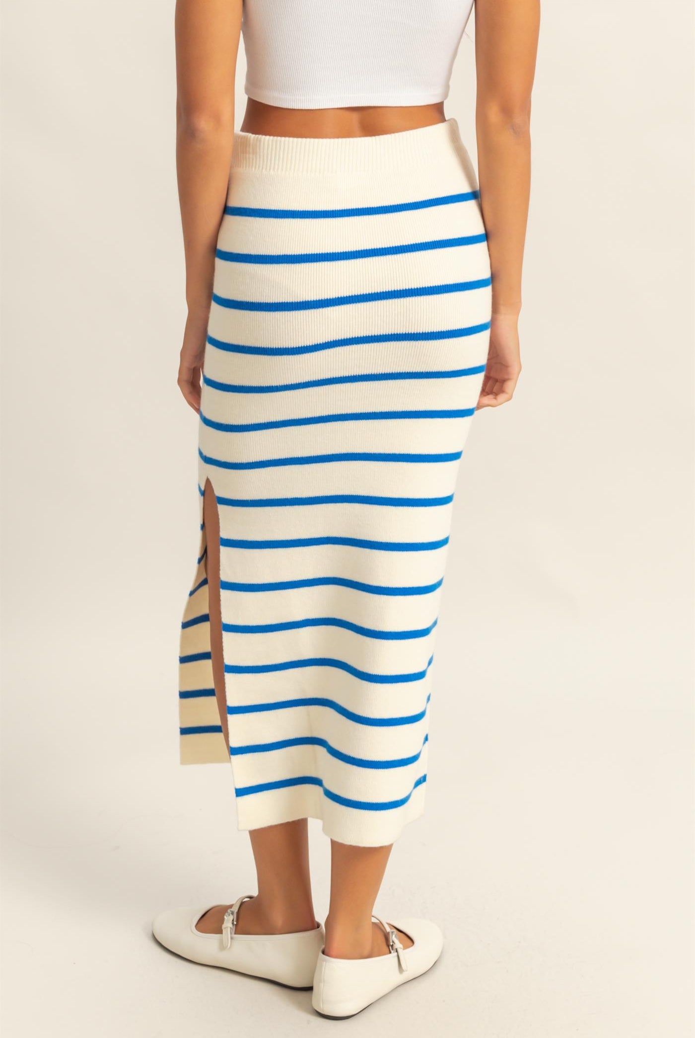 Wholesale Striped High Waist Bodycon Sweater Skirt Skirts DZ25A637 BLUE/CREAM DOUBLE ZERO