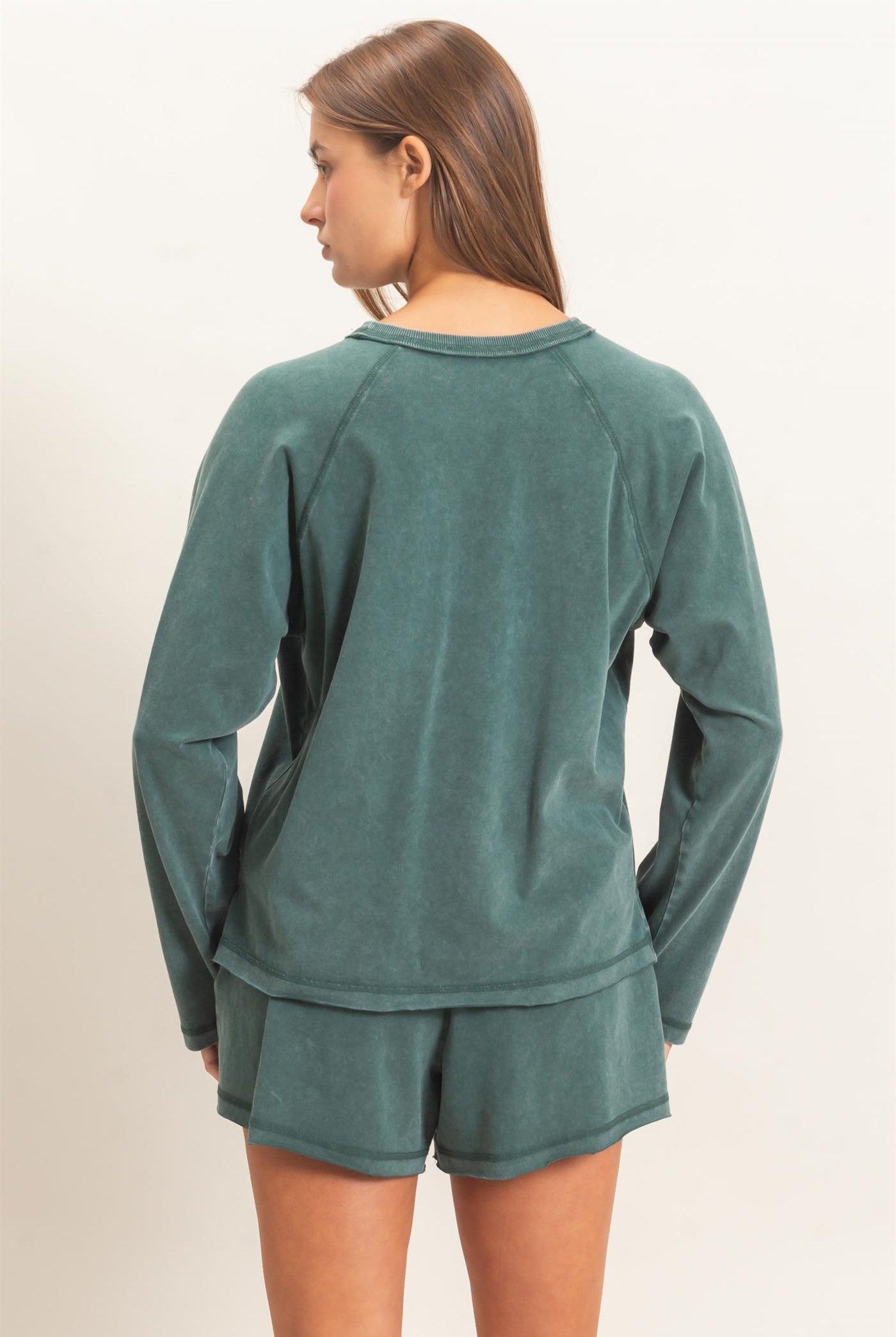 Wholesale Mineral Wash Long Sleeve Raw Edge Top & Shorts Set Clothing DZ26F403-SET DARK GREEN DOUBLE ZERO