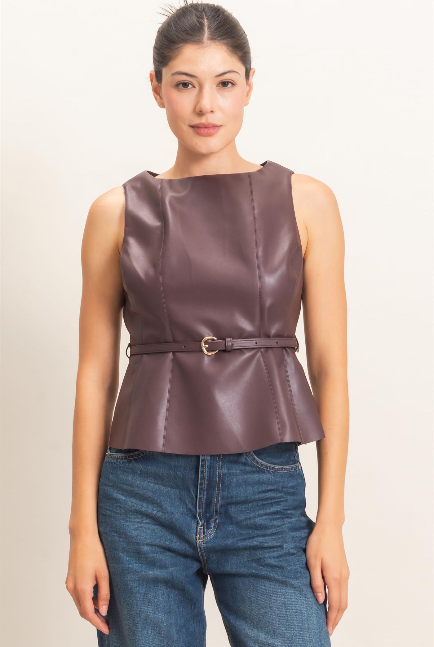 Wholesale Sleek Faux Leather Belted Top Clothing Tops HF26E543 DARK CHERRY HYFVE