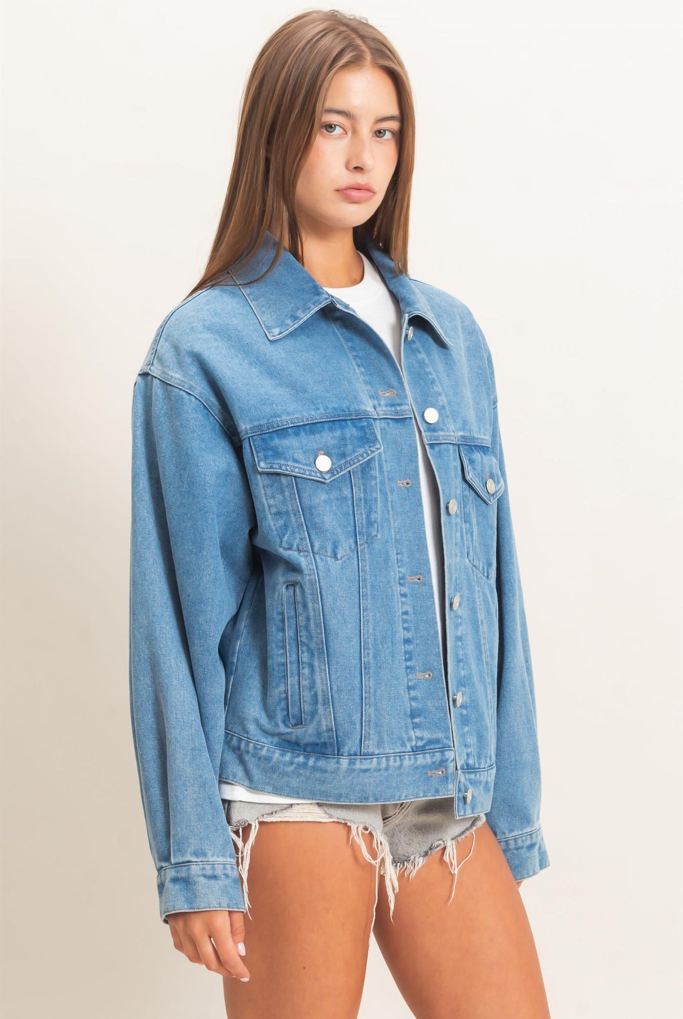 Wholesale Oversized Denim Trucker Jacket Coats & Jackets DZ26E804 MEDIUM BLUE DOUBLE ZERO
