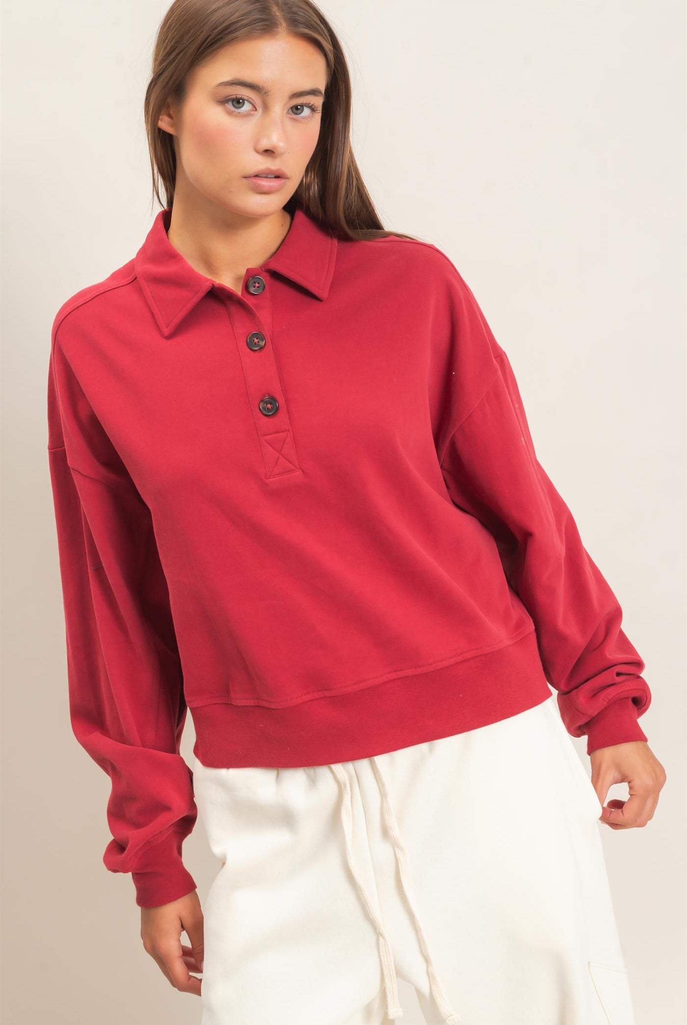 Wholesale Washed Button-Front Collared Sweatshirt Sweatshirts DZ26E390 DARK RED DOUBLE ZERO