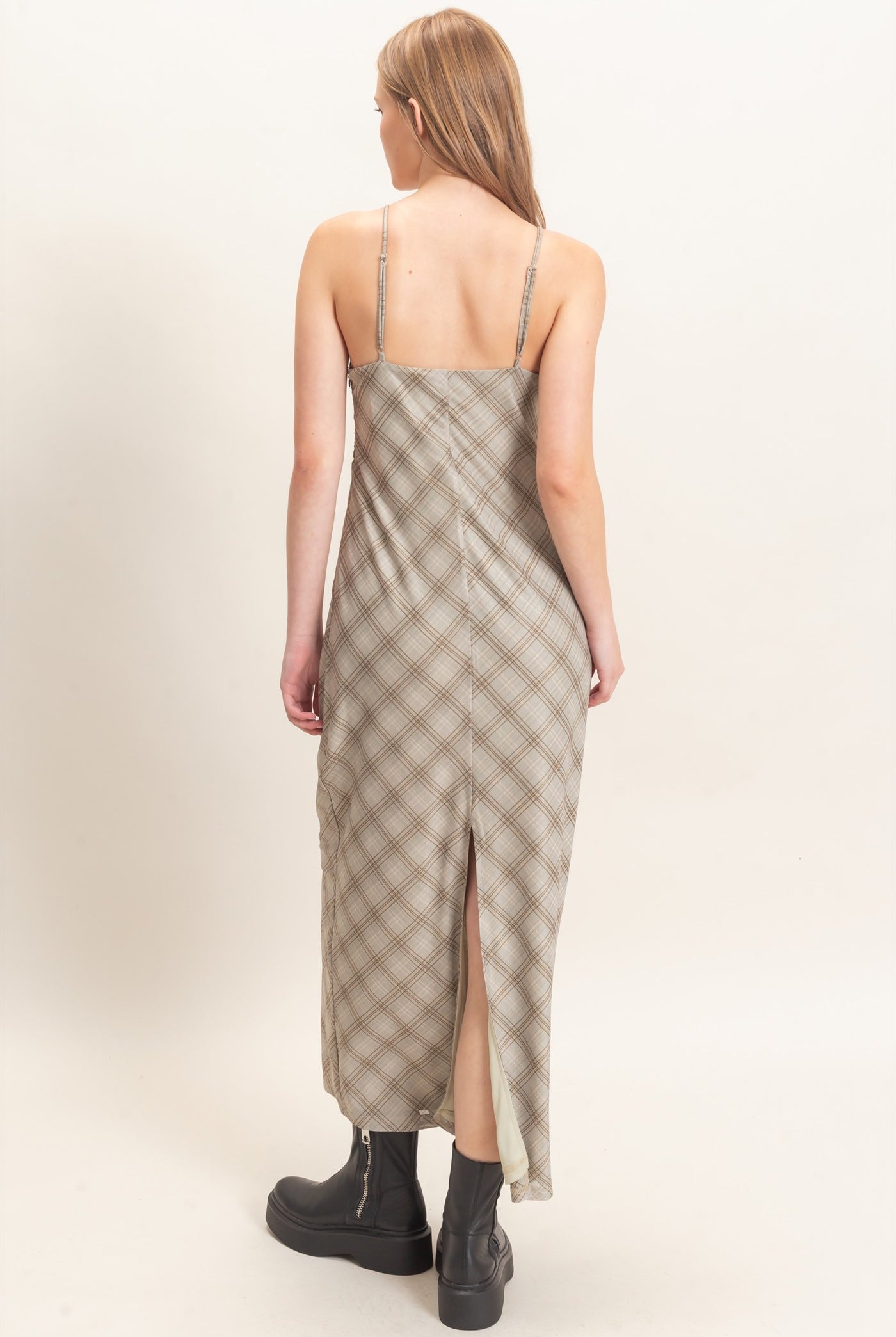 Wholesale Plaid Spaghetti Strap Midi Dress Dresses HF26E709 SAGE HYFVE