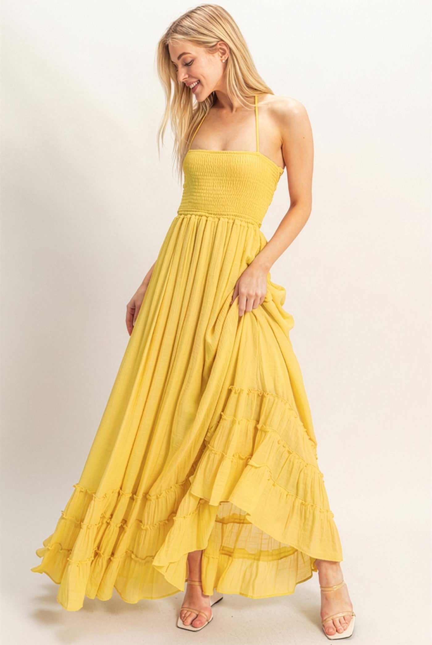 Wholesale Smocked Halter Maxi Dress Dresses HF26C290-D LIGHT YELLOW HYFVE