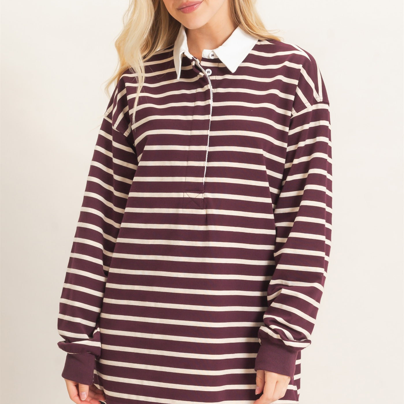 Wholesale Striped Polo Long Sleeve Top Clothing Tops HF26F078 RASPBERRY/ECRU HYFVE