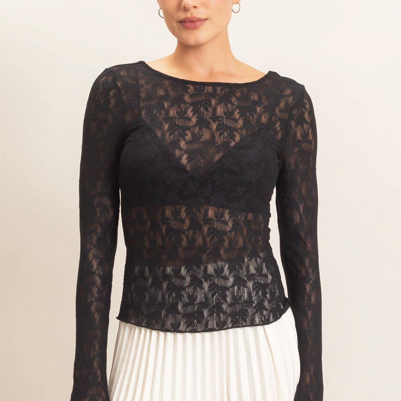 Wholesale Floral Lace Long Sleeve Top Clothing Tops HF26E309 BLACK HYFVE