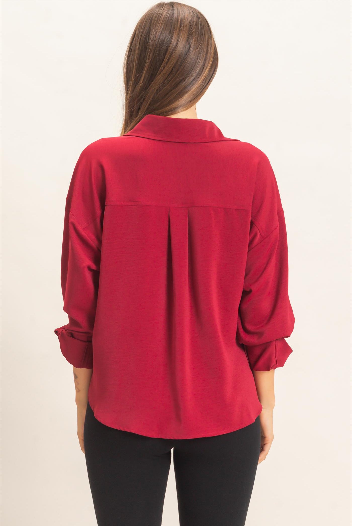 Wholesale Button-Up Dolman Sleeve Top Shirts HF26F070 BURGUNDY HYFVE