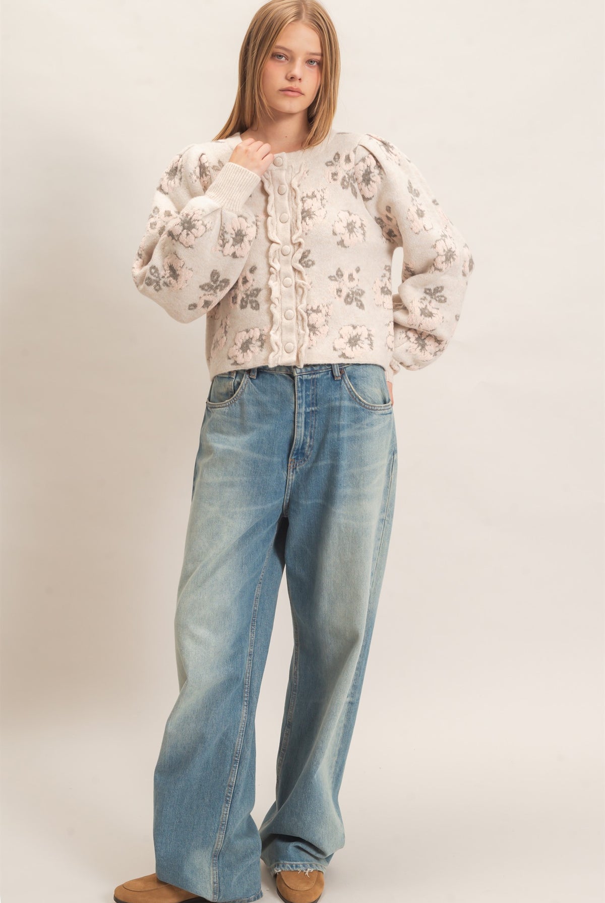 Wholesale Floral Jacquard Ruffle Placket Cardigan Cardigans HF26F148 BEIGE HYFVE