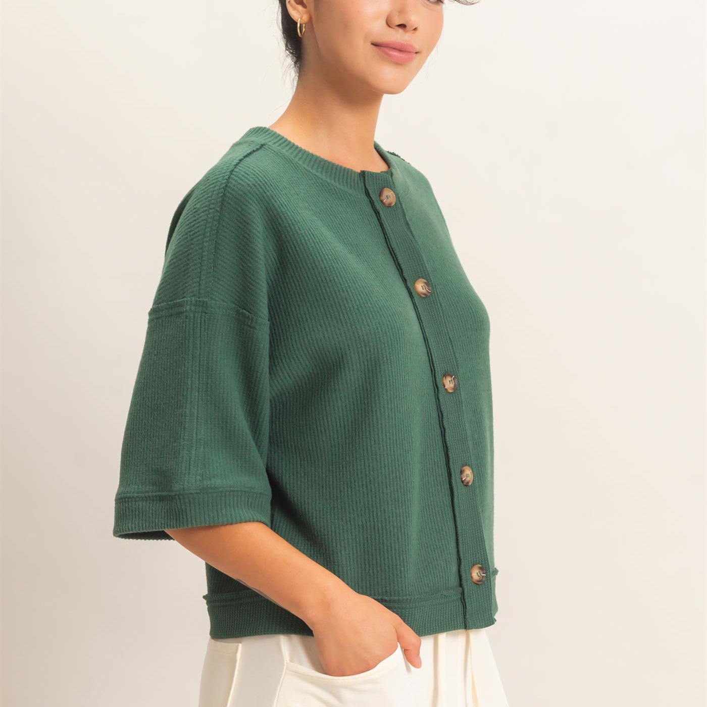 Wholesale Button-Down Short Sleeve Waffle Top Clothing Tops DZ26F244 DARK GREEN DOUBLE ZERO