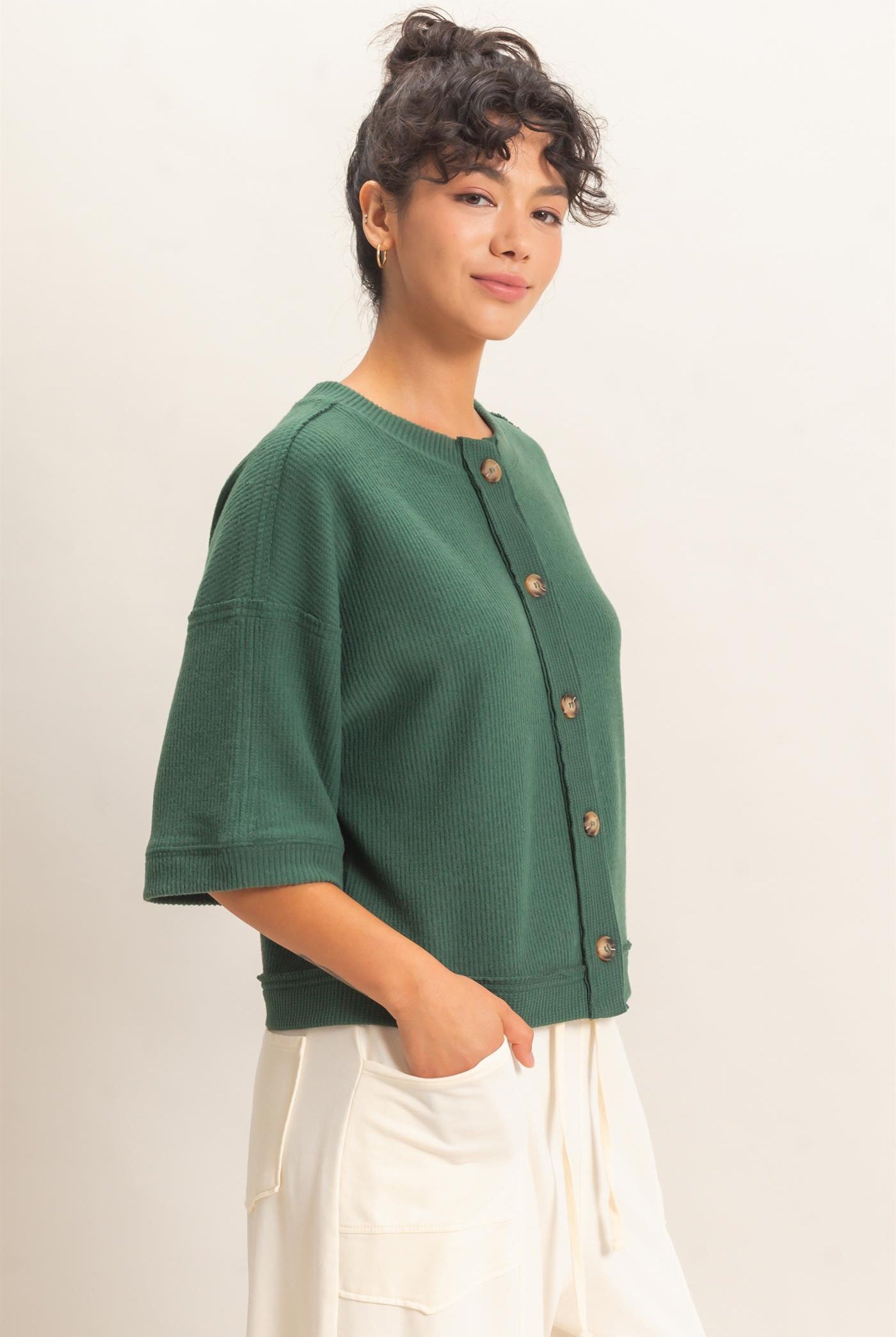Wholesale Button-Down Short Sleeve Waffle Top Clothing Tops DZ26F244 DARK GREEN DOUBLE ZERO