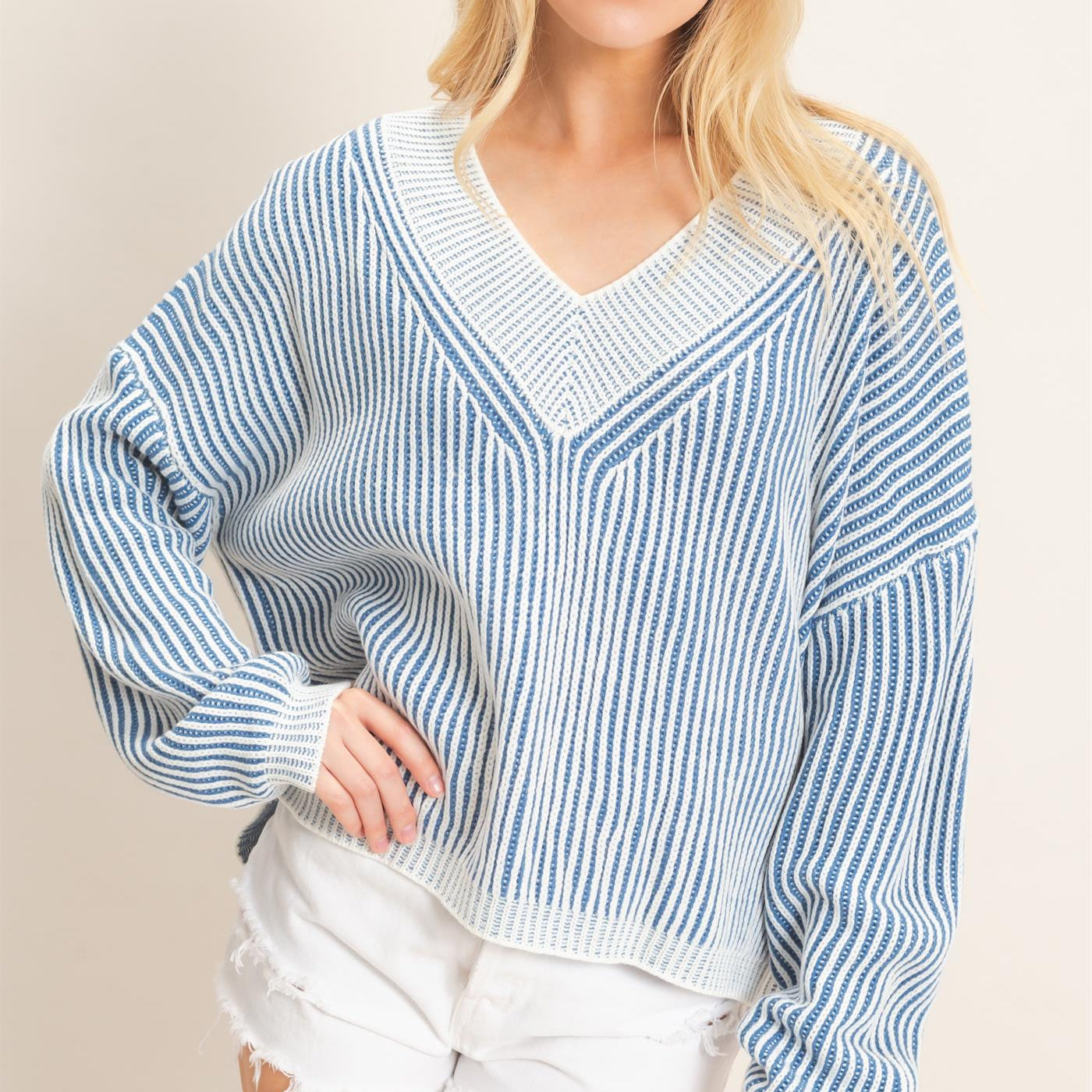 Wholesale Striped V-Neck Ribbed Sweater Sweaters HF26F202 BLUE HYFVE