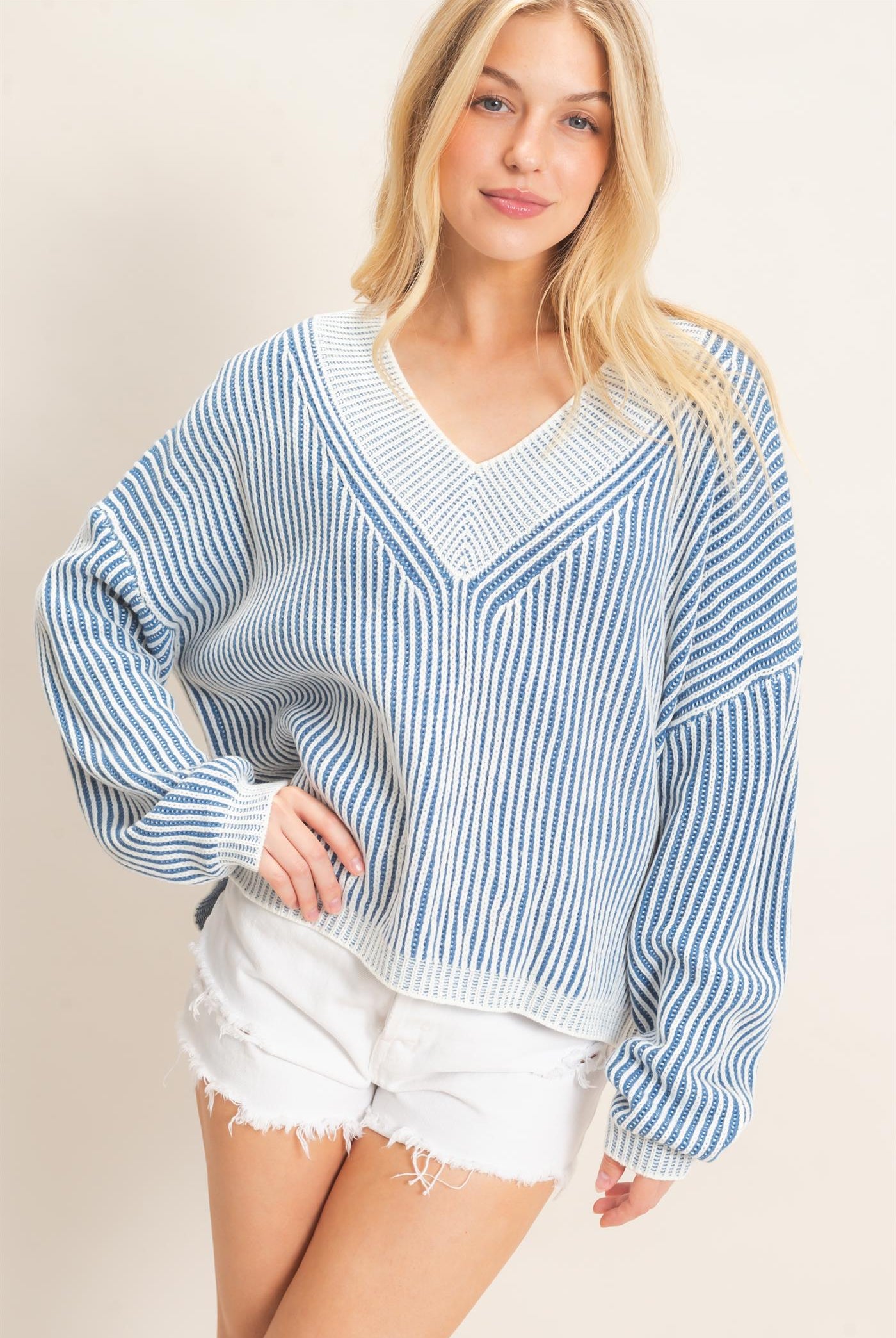 Wholesale Striped V-Neck Ribbed Sweater Sweaters HF26F202 BLUE HYFVE