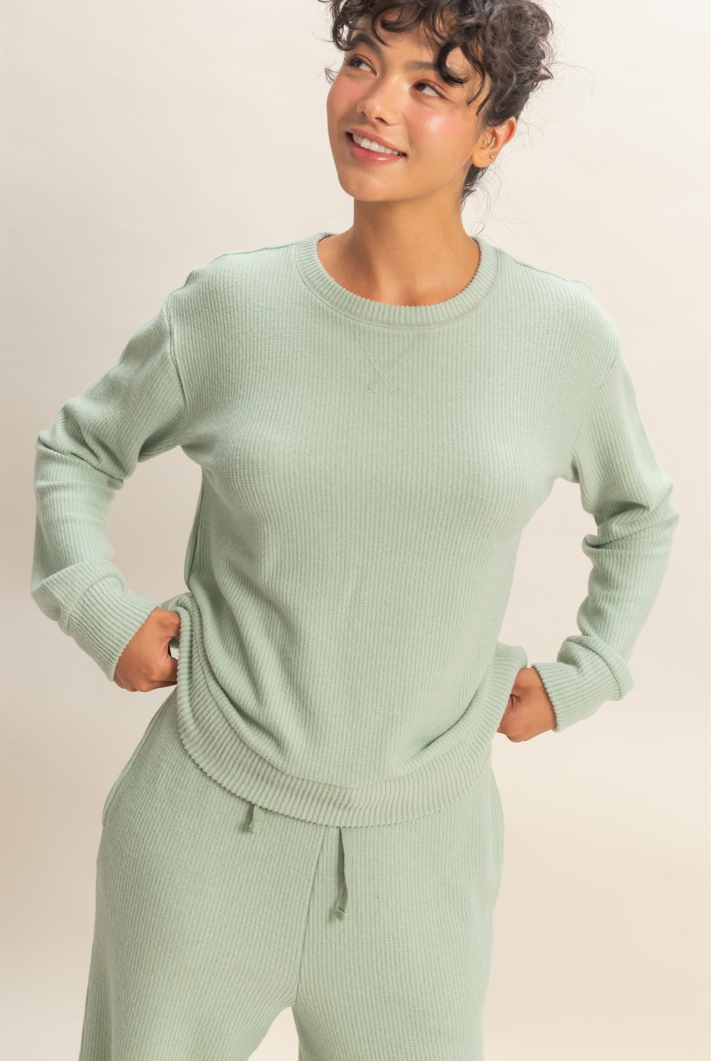 Wholesale Brushed Waffle Crew Neck Long Sleeve Top Clothing Tops DZ26A177 SAGE GREEN DOUBLE ZERO