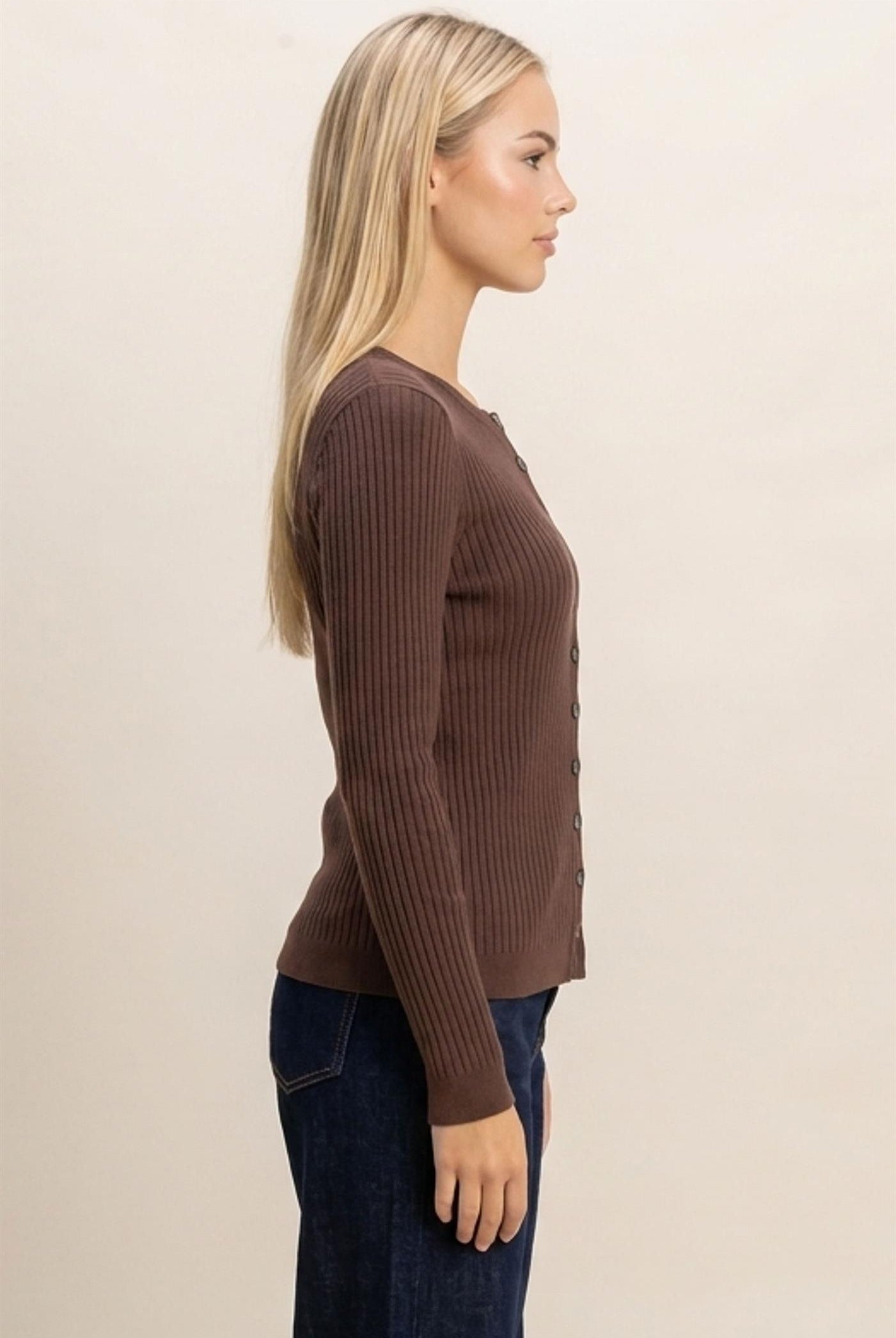 Wholesale Ribbed Button Front Cardigan Cardigans DZ26E322 DARK BROWN DOUBLE ZERO