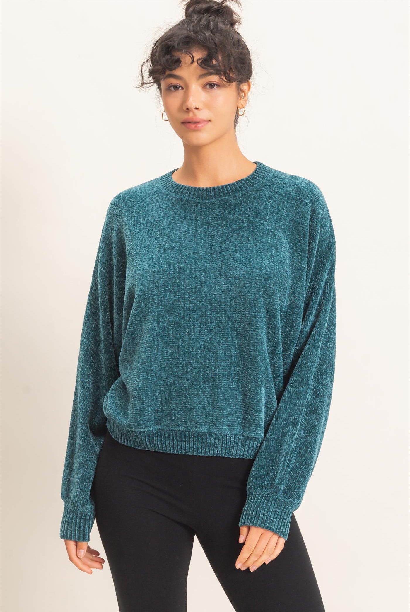 Wholesale Chenille Crew Neck Sweater Sweaters DZ26E264 DARK TEAL DOUBLE ZERO