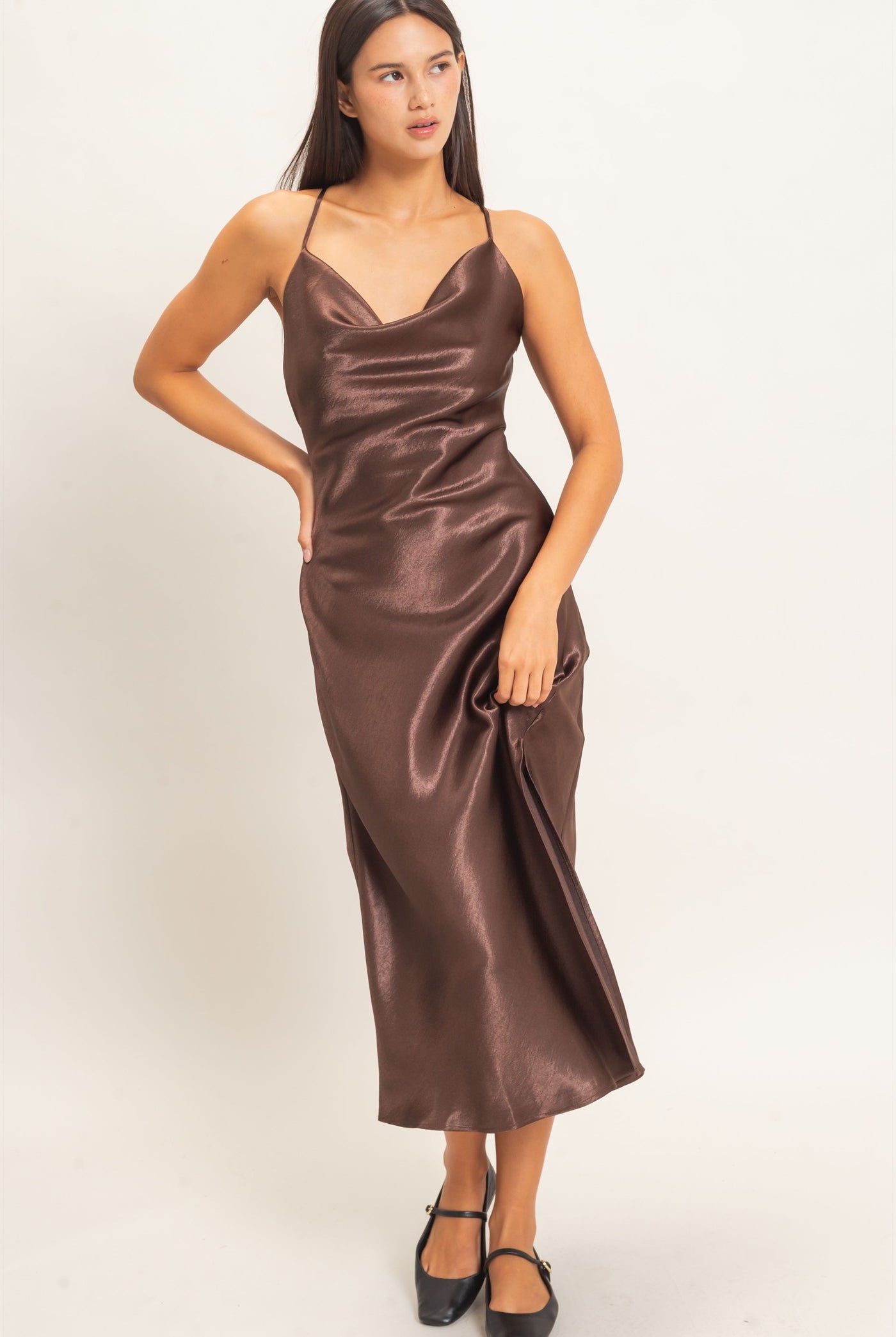 Wholesale Cowl Neck Satin Slip Dress Dresses DZ26E251 DARK BROWN DOUBLE ZERO