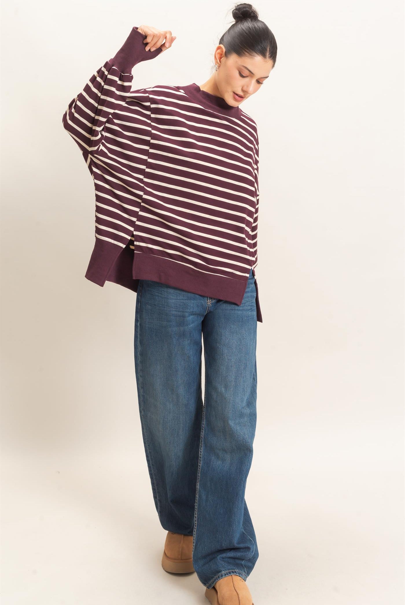 Wholesale Striped Mock Neck Sweatshirt Sweatshirts HF27A178-D RASPBERRY/ECRU HYFVE