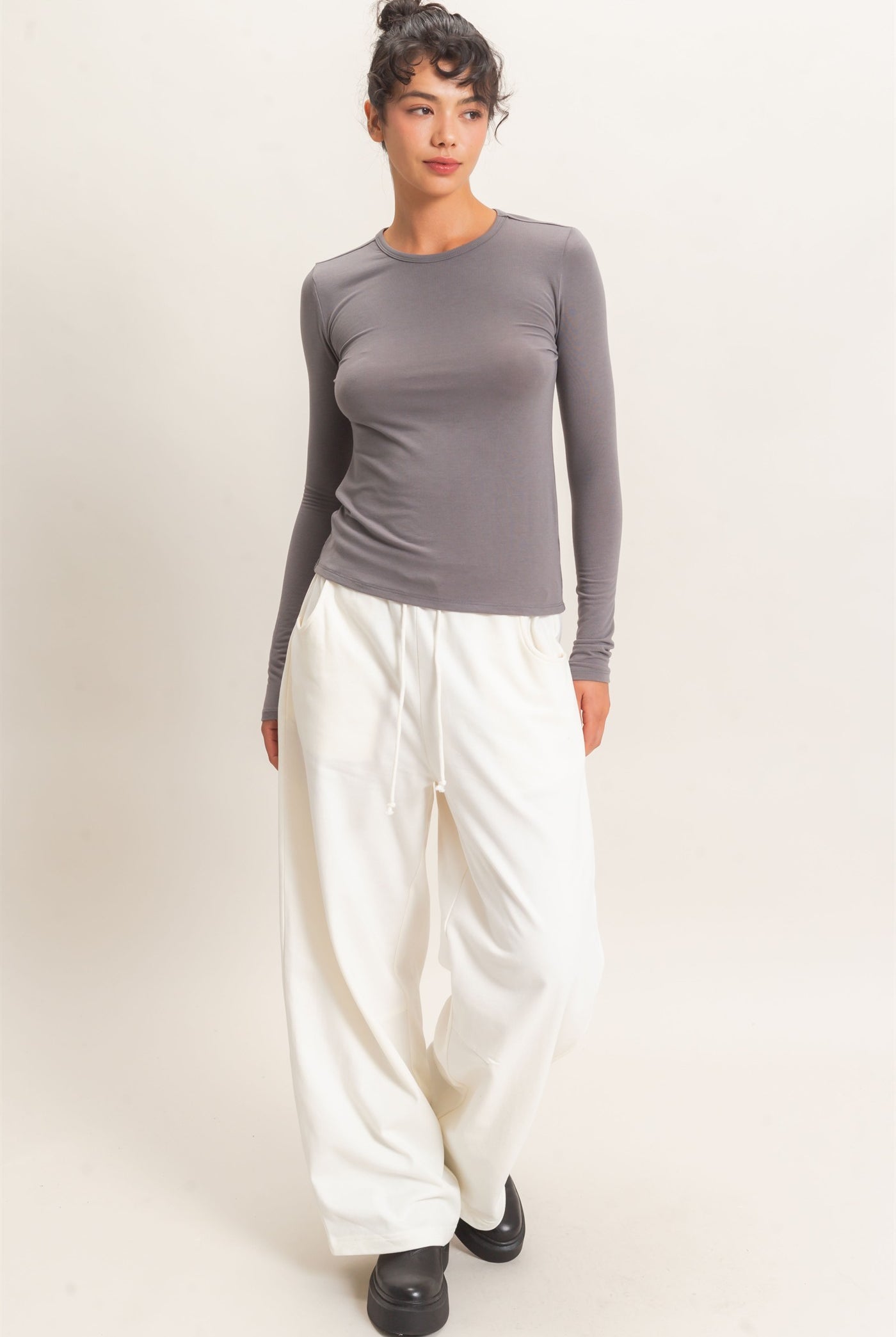 Wholesale Crew Neck Long Sleeve Top Clothing Tops DZ26E258 CHARCOAL DOUBLE ZERO