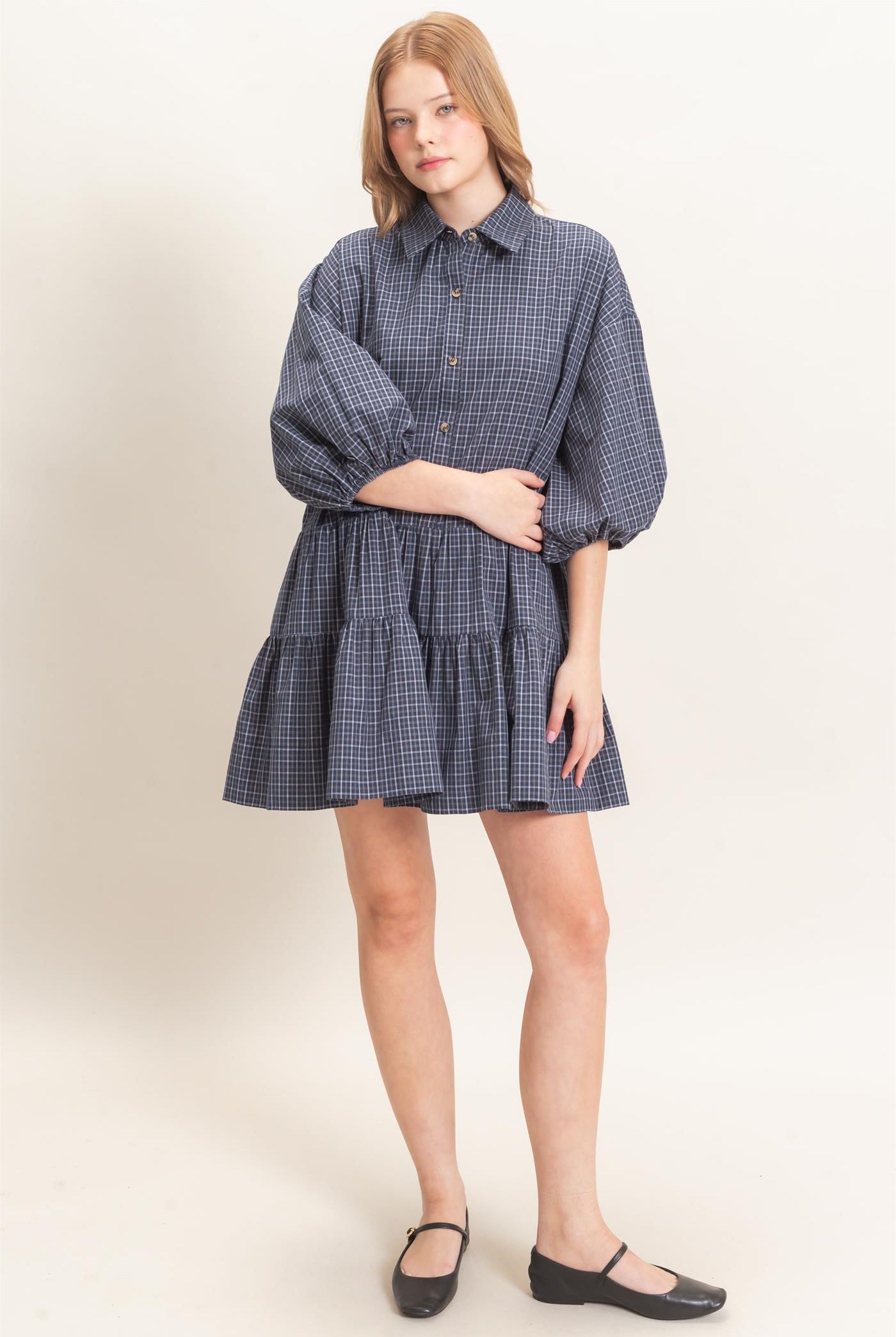 Wholesale Plaid Button-Down Tiered Dress Dresses HF26E795 NAVY HYFVE