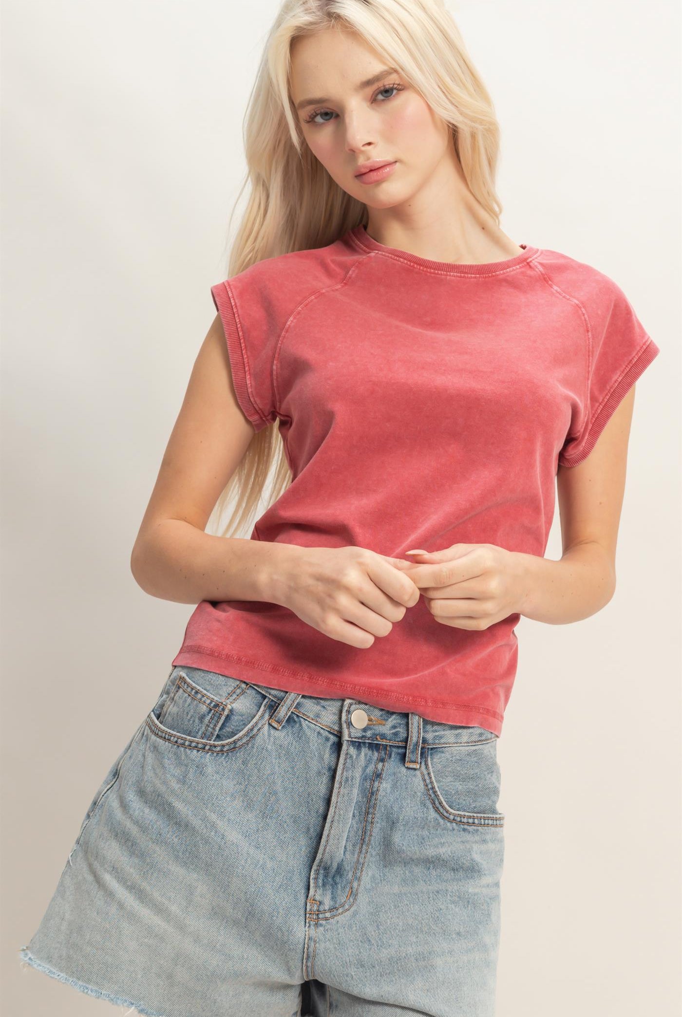 Wholesale Mineral Wash Raglan Short Sleeve Top T-Shirts DZ26A741 DARK RED DOUBLE ZERO