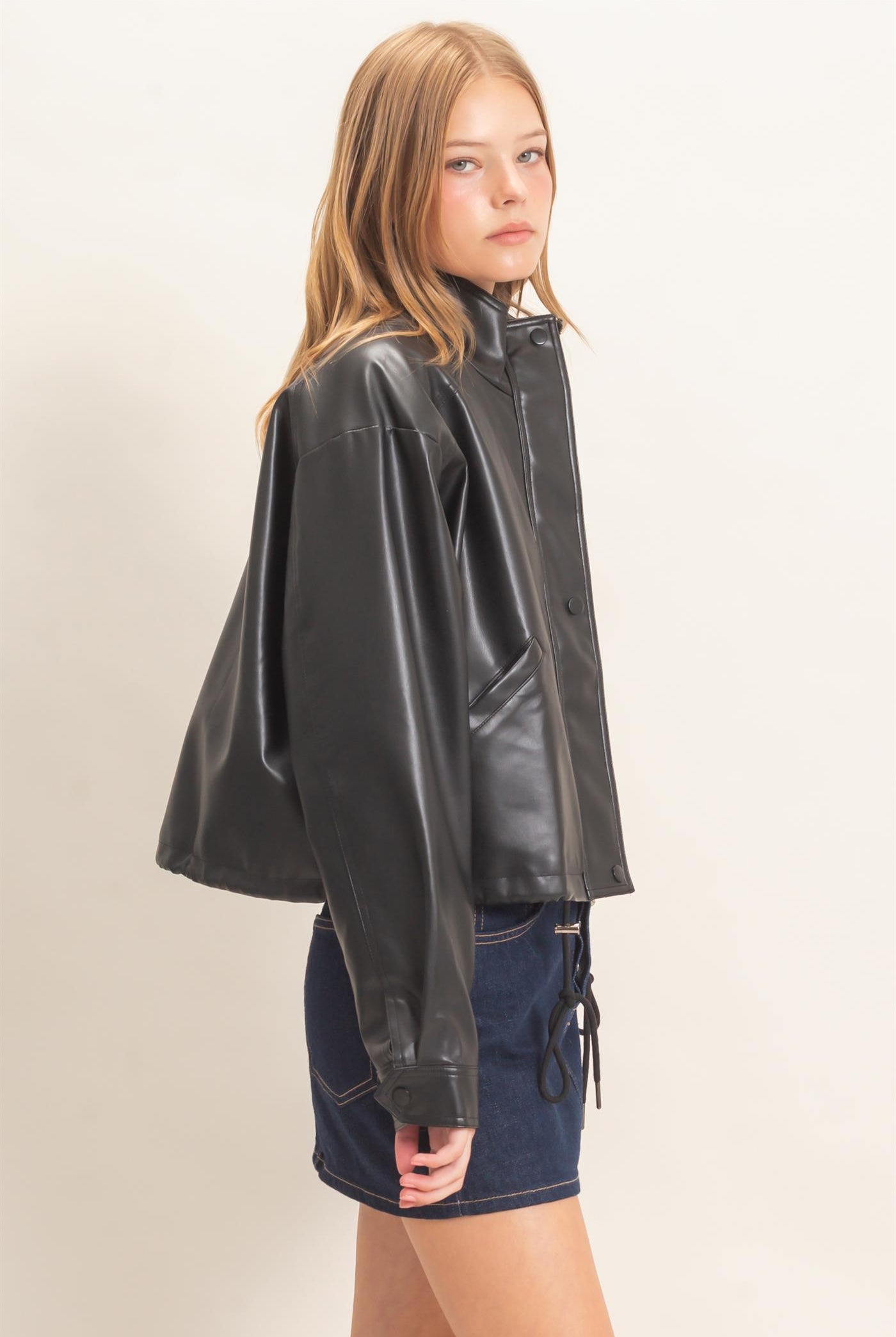 Wholesale Faux Leather Jacket With Stand Collar Bomber Jackets HF25F452 BLACK HYFVE