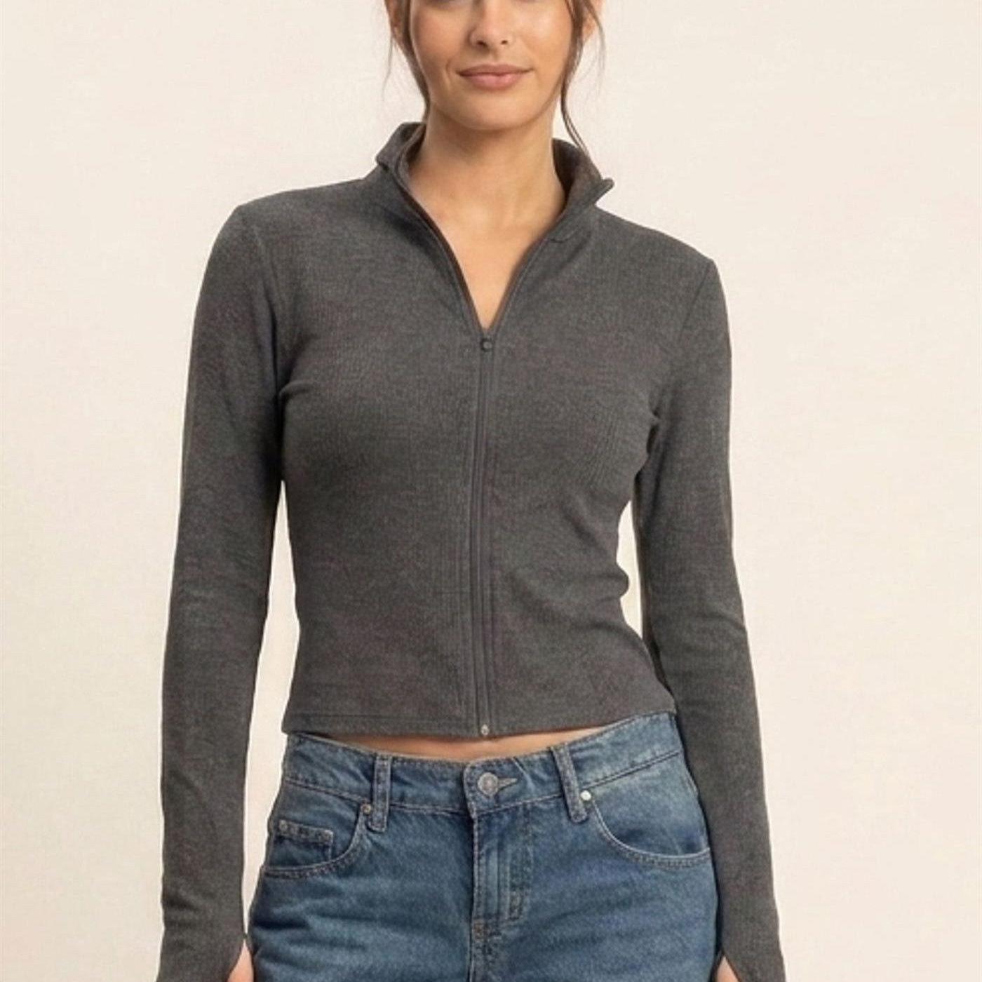 Wholesale Mock Neck Long Sleeve Zip Up Top Clothing Tops DZ26E911 BLACK DOUBLE ZERO