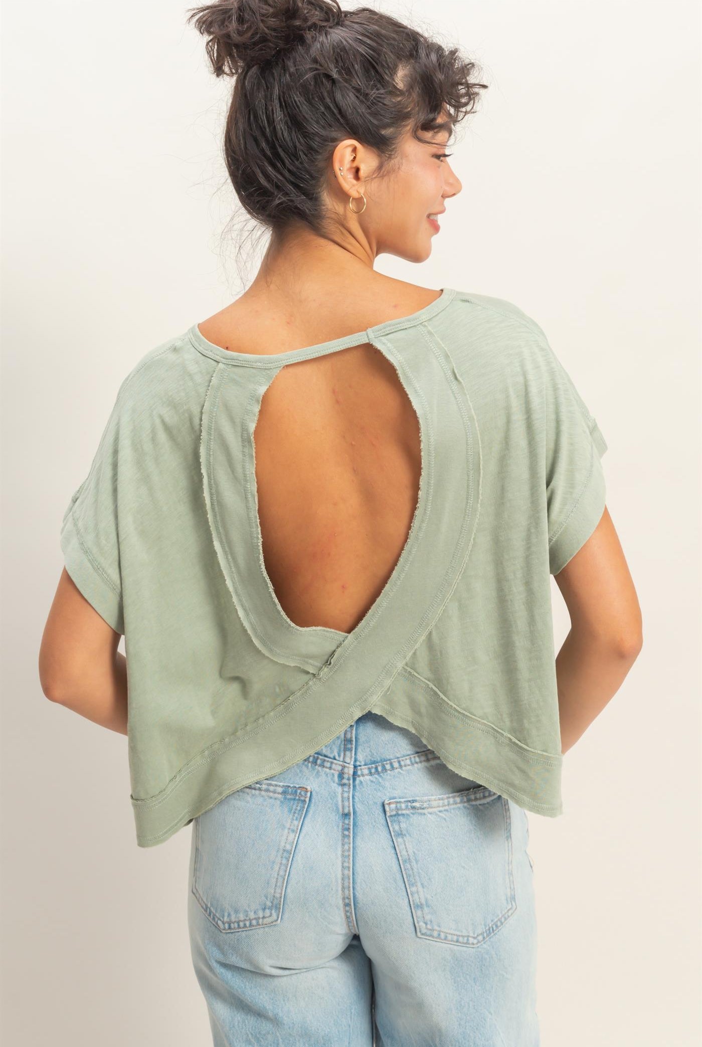 Wholesale Acid Wahsed Cross Detail Open Back Top Clothing Tops DZ26A225 SAGE GREEN DOUBLE ZERO