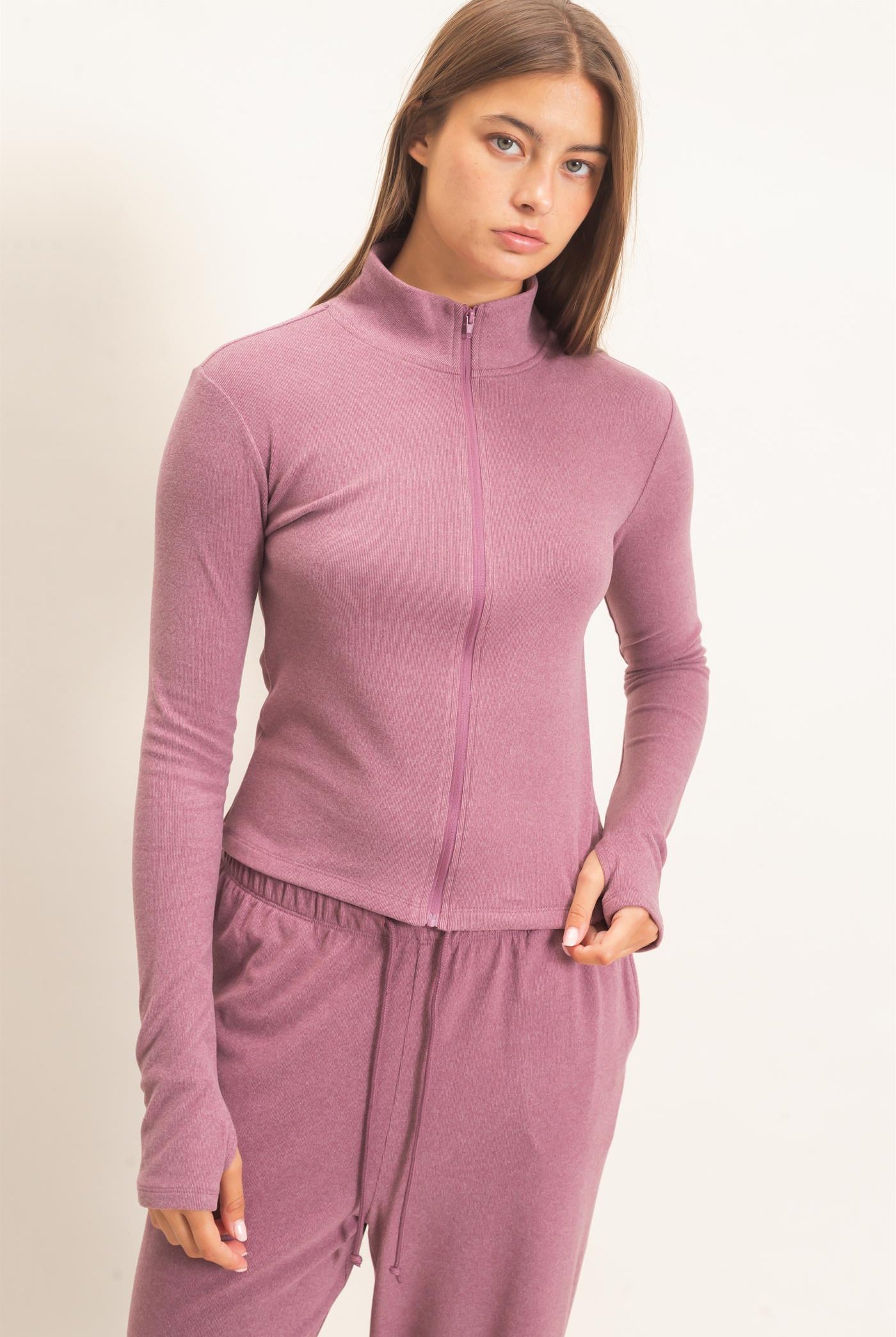 Wholesale Mock Neck Long Sleeve Zip Up Top Clothing Tops DZ26E911 PLUM DOUBLE ZERO
