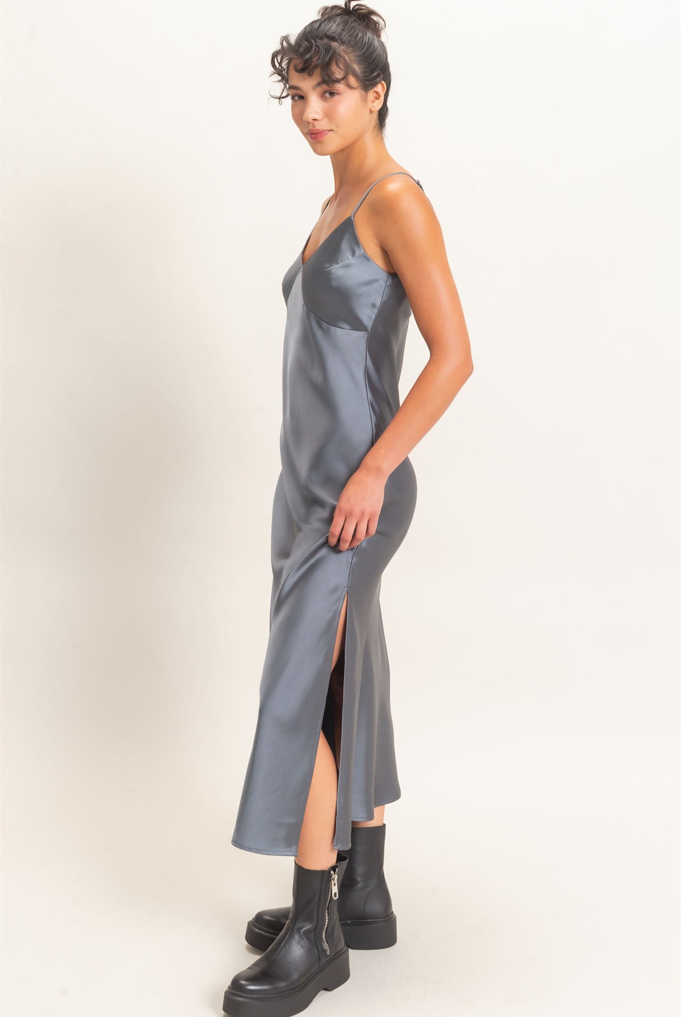 Wholesale Satin V-Neck Slip Dress Dresses DZ26E262 DARK GRAY DOUBLE ZERO