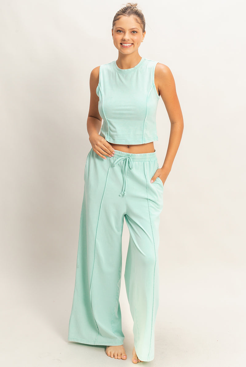 Wholesale Mineral Washed Sleeveless Top & Wide Leg Pants Set Clothing DZ26A371-SET TURQUOISE DOUBLE ZERO