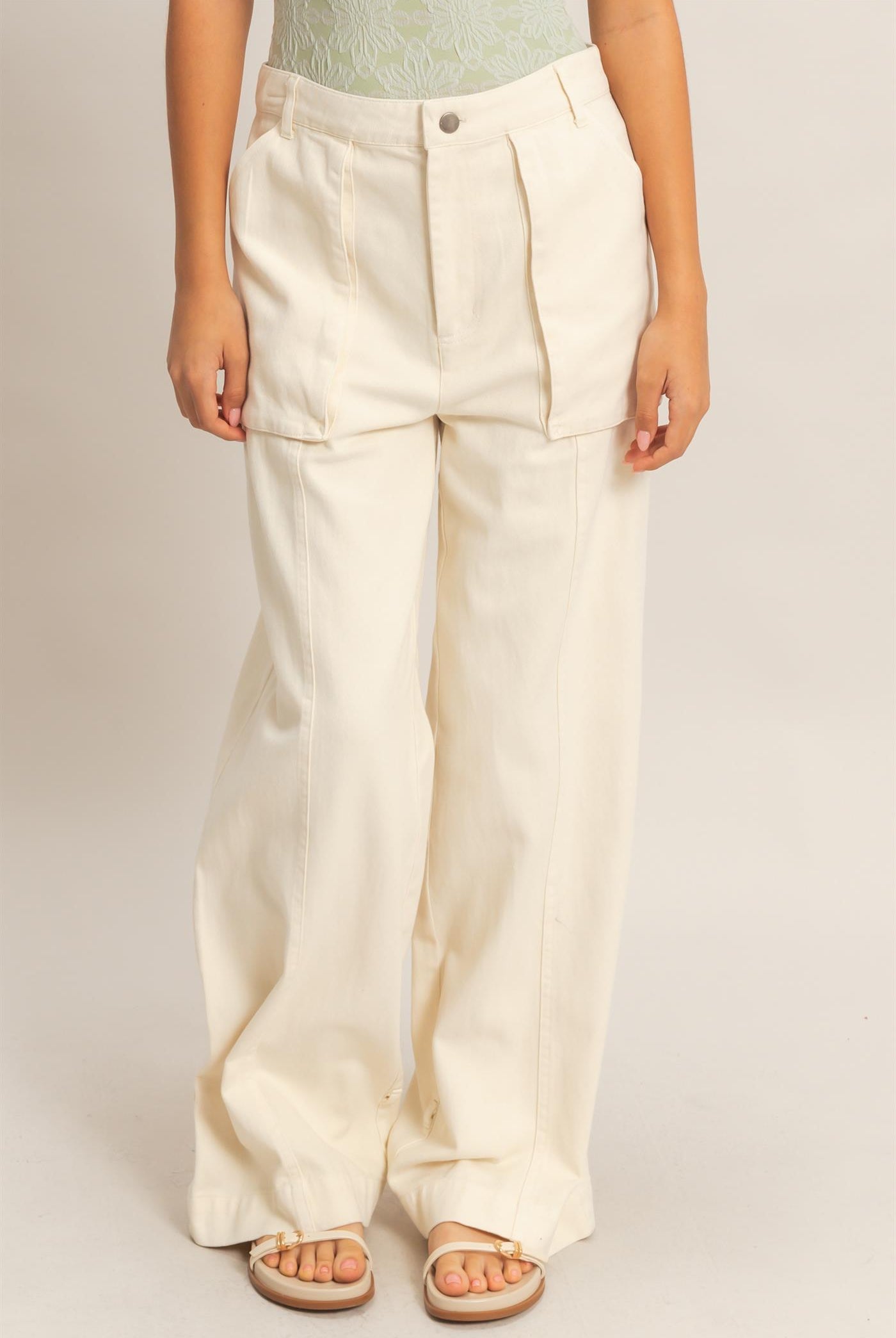 Wholesale High Rise Cargo Pants With Ankle Ties Pants DZ24C156 CREAM DOUBLE ZERO