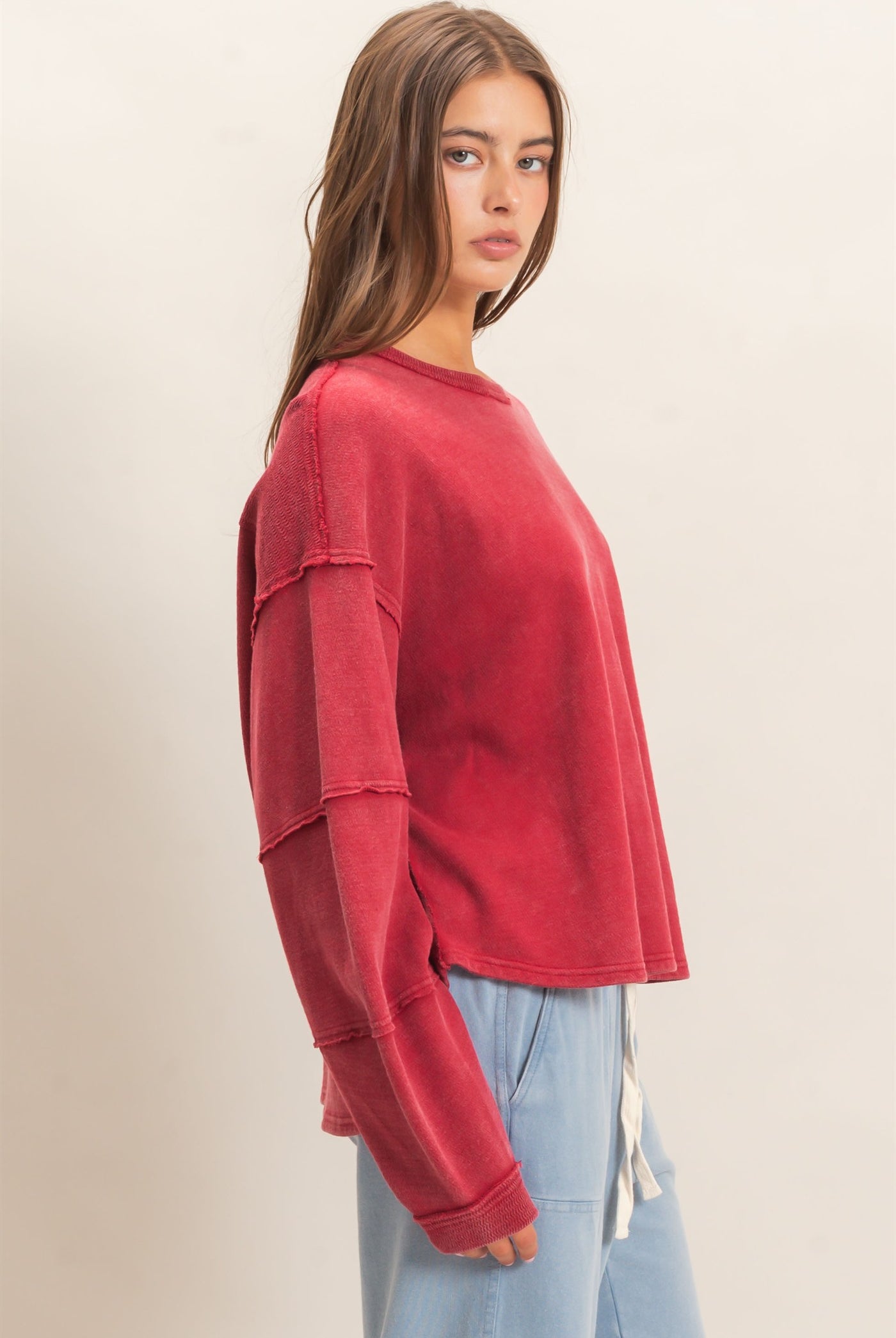Wholesale Mineral Wash Overzised Raw Edge Crew Neck Top Clothing Tops DZ26E449 DARK RED DOUBLE ZERO