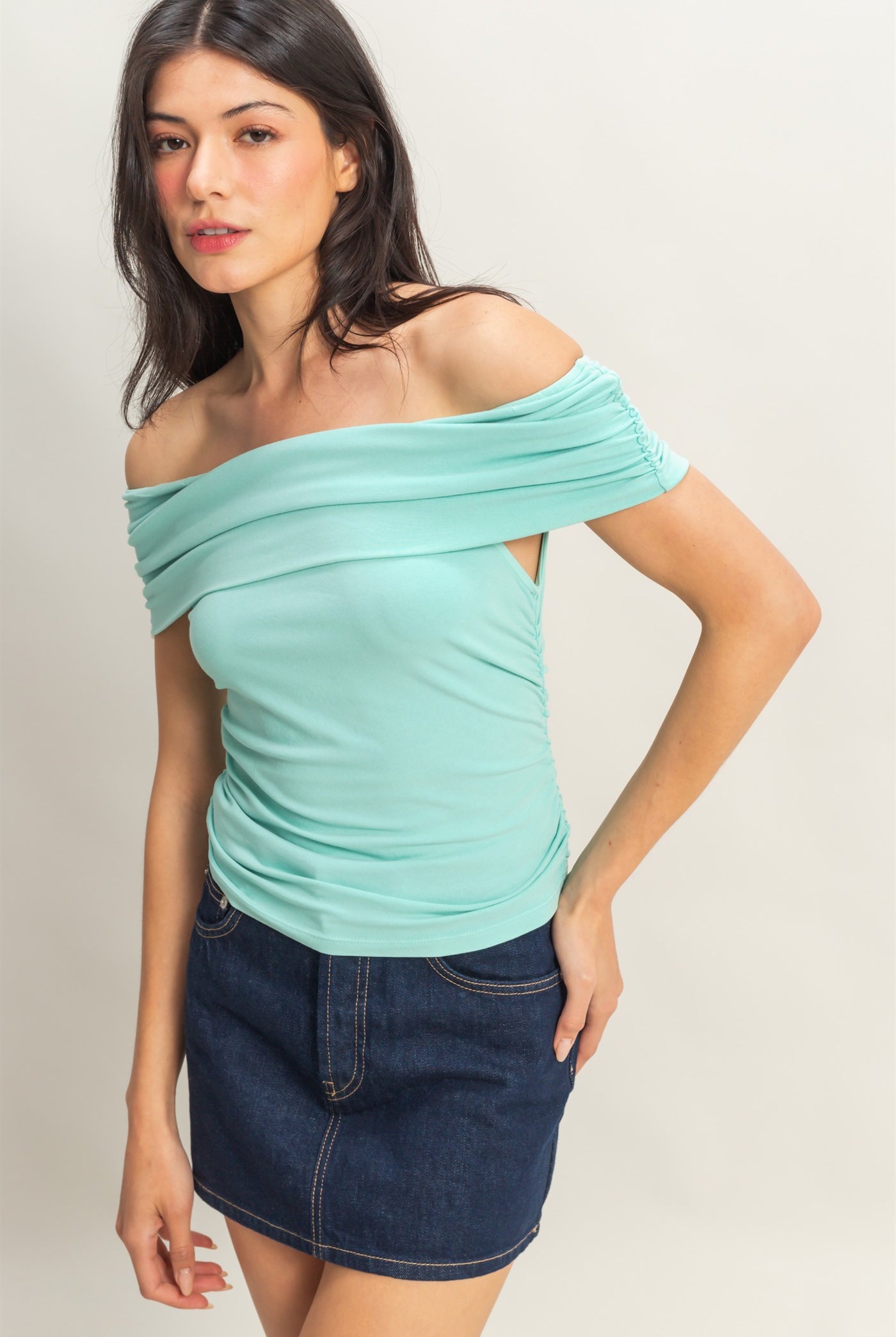 Wholesale Off-The-Shoulder Side Ruched Top Clothing Tops DZ25C848 TURQUOISE DOUBLE ZERO