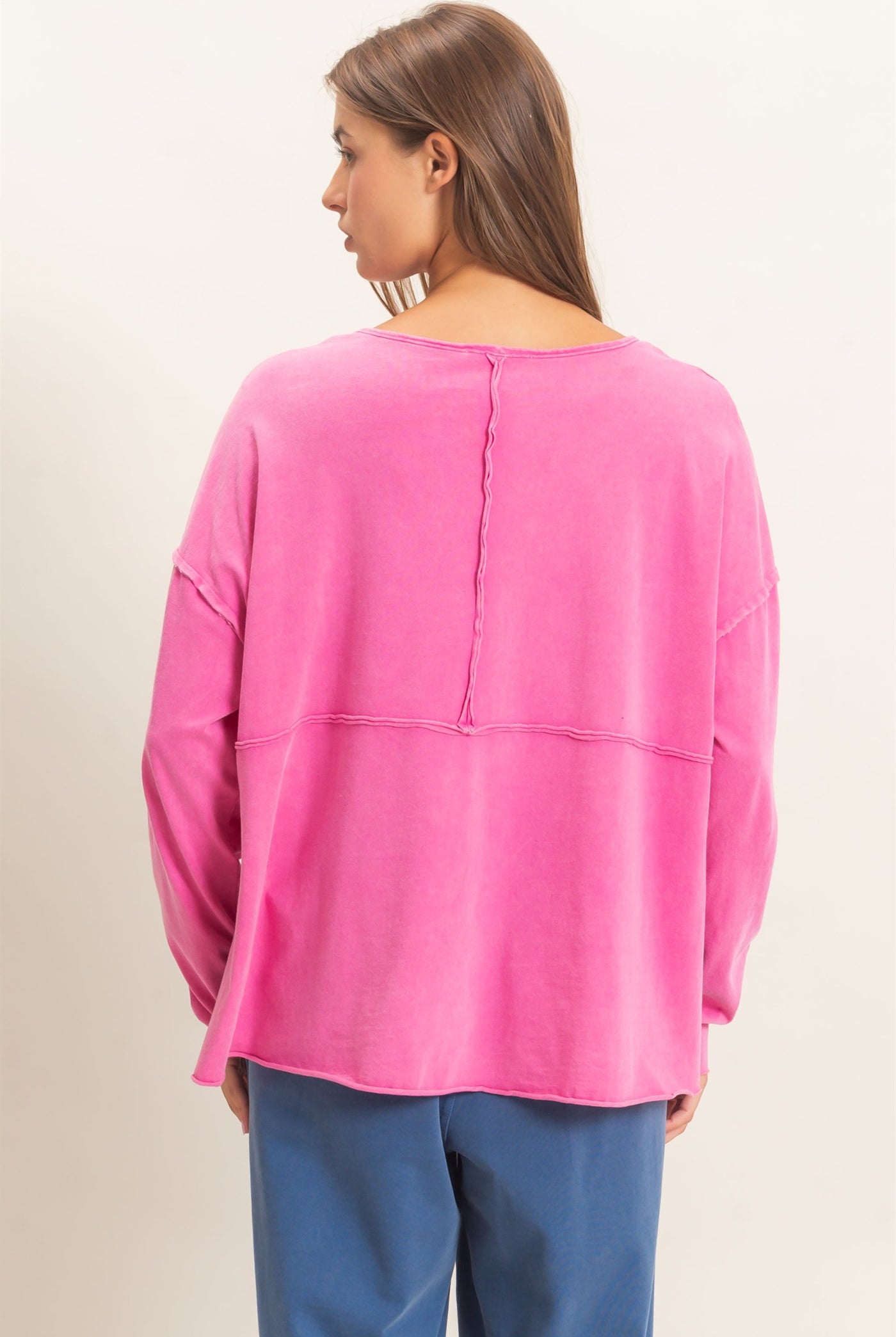Wholesale Oversized Henley Top With Raw Edges Clothing Tops DZ26F128 FUCHSIA DOUBLE ZERO