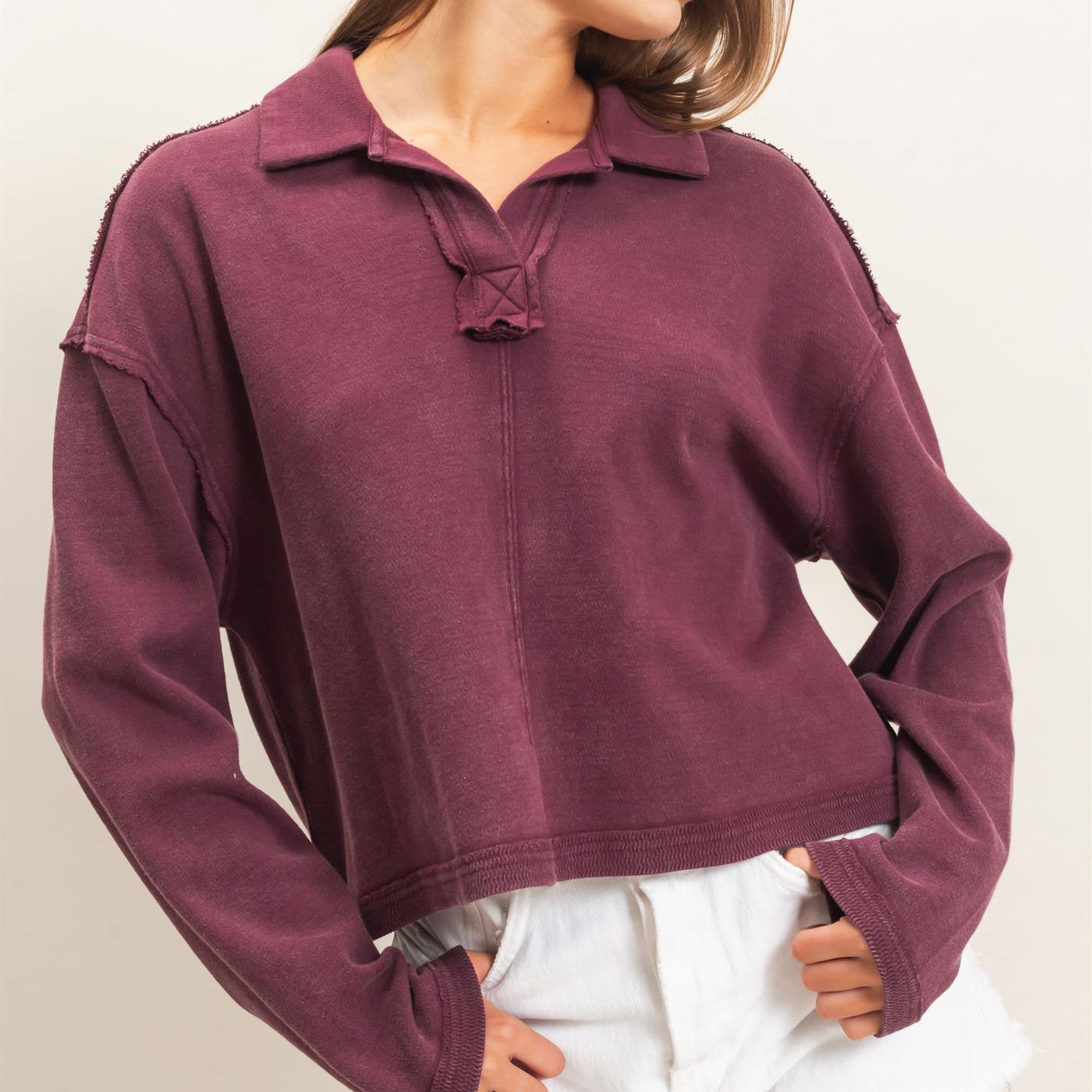 Wholesale Mineral Wash Textured Collar Top Polos DZ26E814 DARK CHERRY DOUBLE ZERO