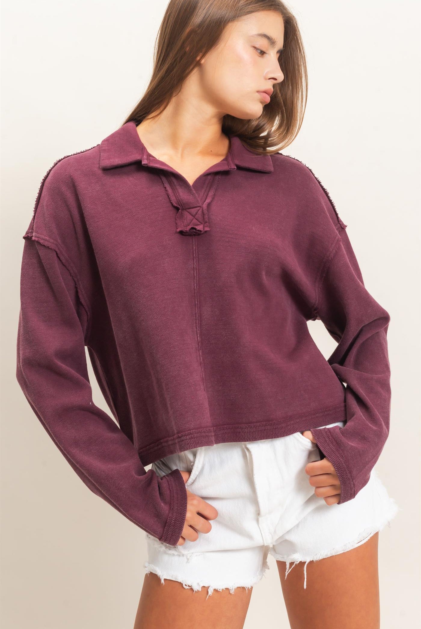 Wholesale Mineral Wash Textured Collar Top Polos DZ26E814 DARK CHERRY DOUBLE ZERO