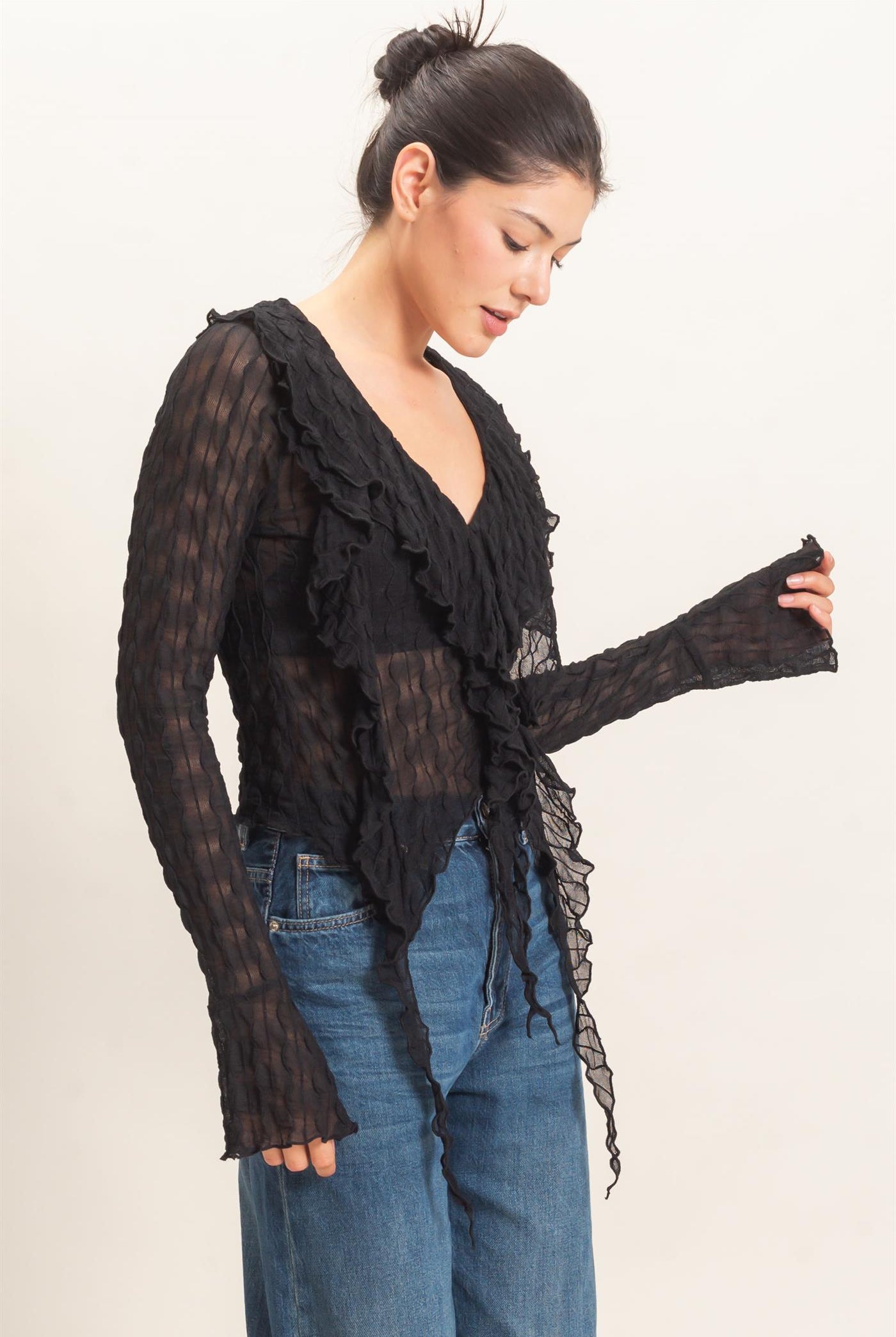 Wholesale Textured V-Neck Tie Front Top Blouses HF26F072 BLACK HYFVE